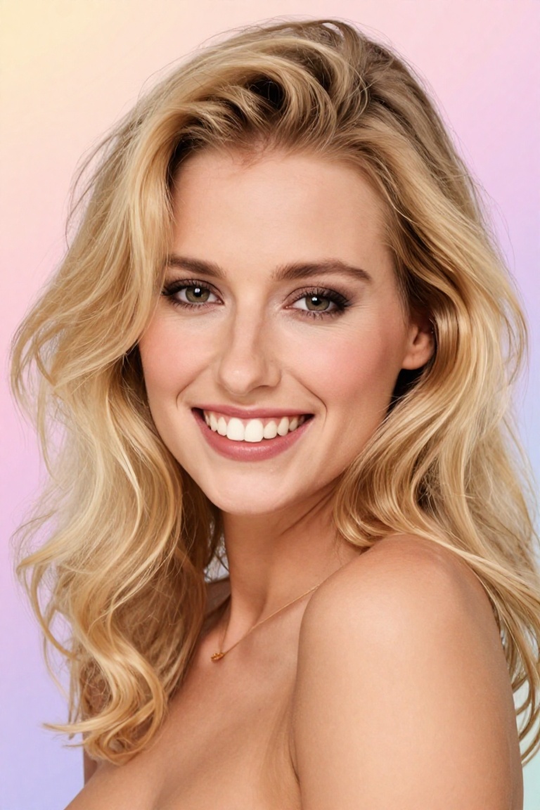 Headshot of a busty blonde woman with a vibrant and inviting smile,  capturing her radiant beauty and confidence. The back...