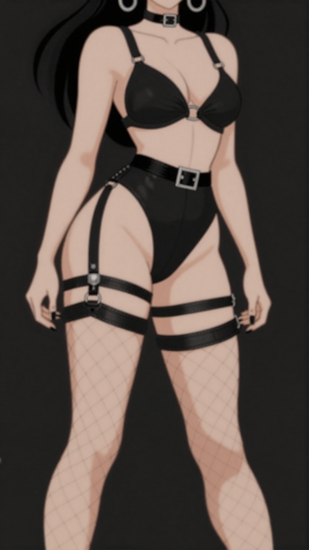 Simpl3artstyl3 pinup anime woman,  goth domme outfit,  fishnet leggings on Tensor.Art