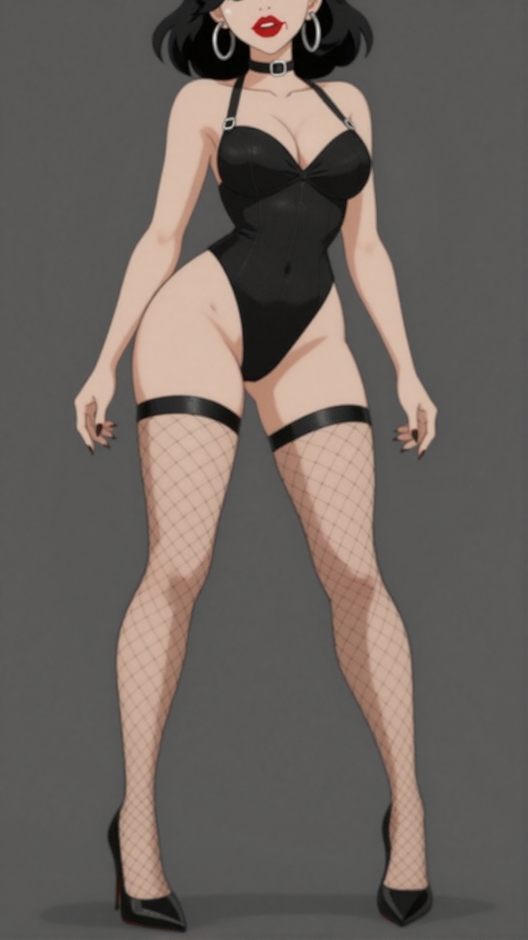 Simpl3artstyl3 pinup anime woman,  goth domme outfit,  red lipstick on Tensor.Art