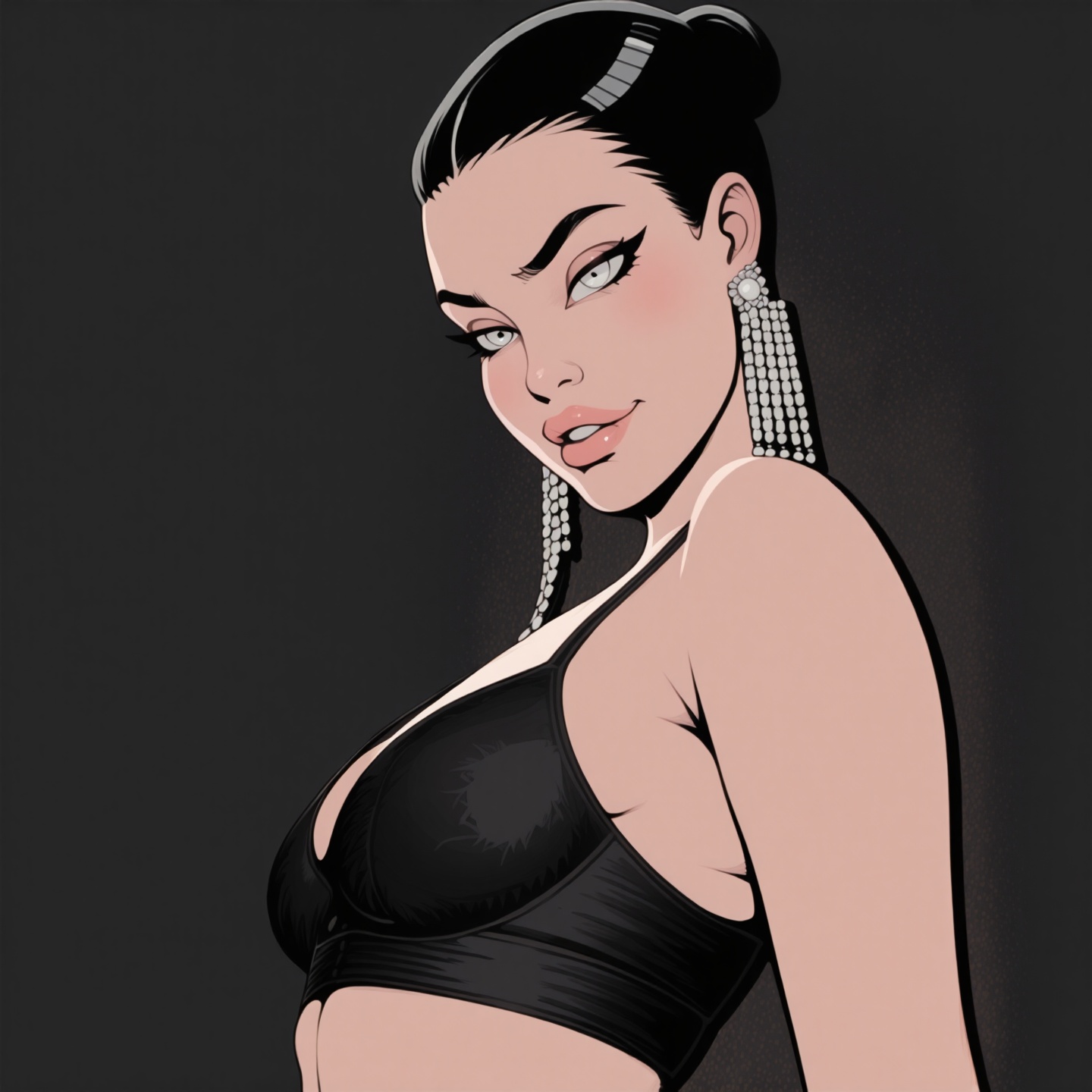 A close-up shot of an Eastern European sportswoman wearing black lycra attire,  her dark locks tied into a sleek bun. A ca...