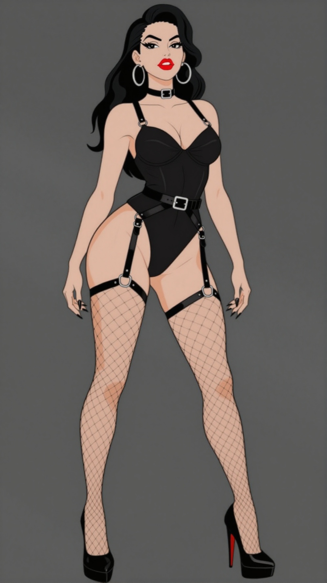 Simpl3artstyl3 pinup anime woman,  goth domme outfit,  red lipstick on Tensor.Art