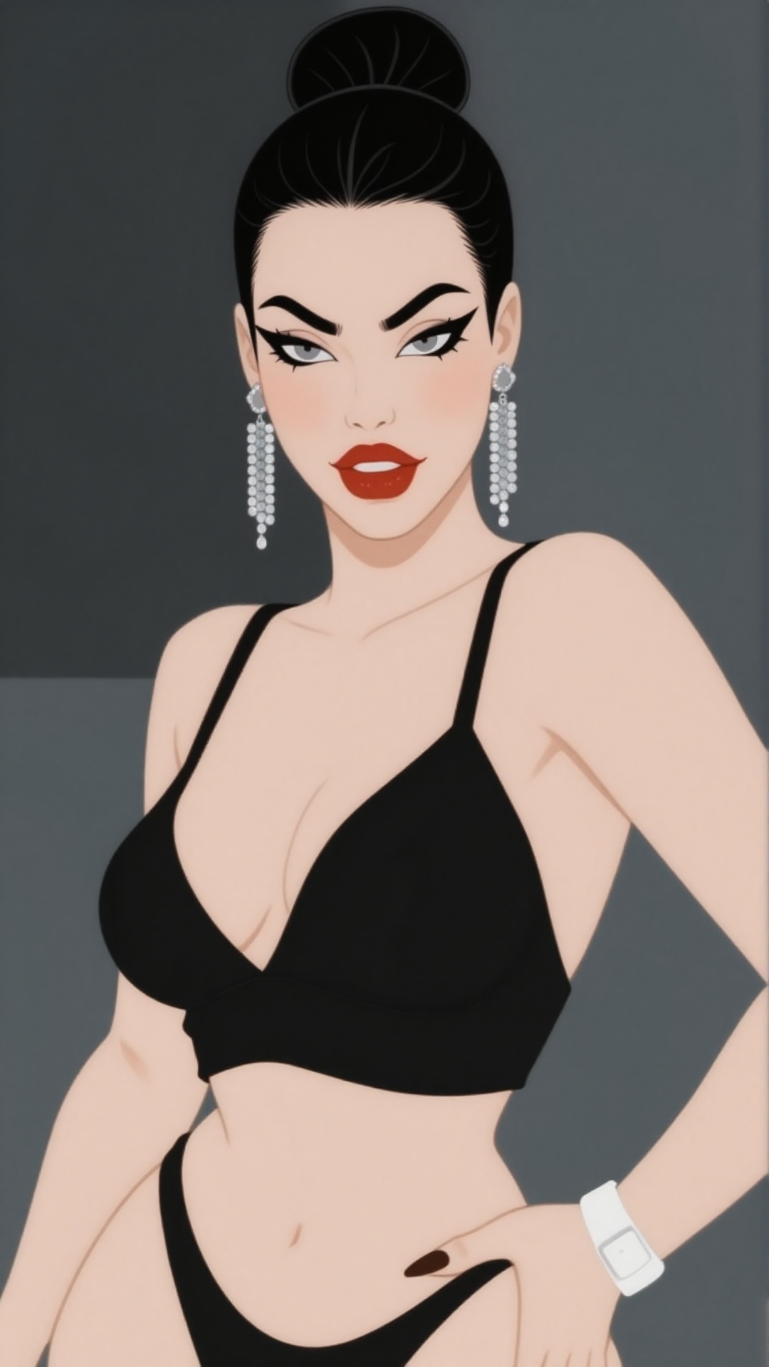 A close-up shot of an Eastern European sportswoman wearing black lycra attire,  her dark locks tied into a sleek bun. A ca...