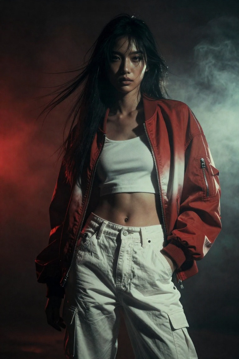 full-body portrait from knees up, young East Asian woman early 20s, fair skin with soft glow, long straight black hair flowing over shoulder, piercing dark eyes looking directly at camera with calm confident expression, wearing red-to-white gradient bomber jacket unzipped over white crop top, high-waisted white cargo pants with belt and side pockets, one hand casually in pocket, standing against dramatic backdrop of swirling red and white smoke under studio lighting, Canon EOS R5, 85mm f/1.4 lens, ultra-high-resolution, photorealistic skin texture, fabric detail sharp, modern street fashion aesthetic, subject centered and dominant in frame