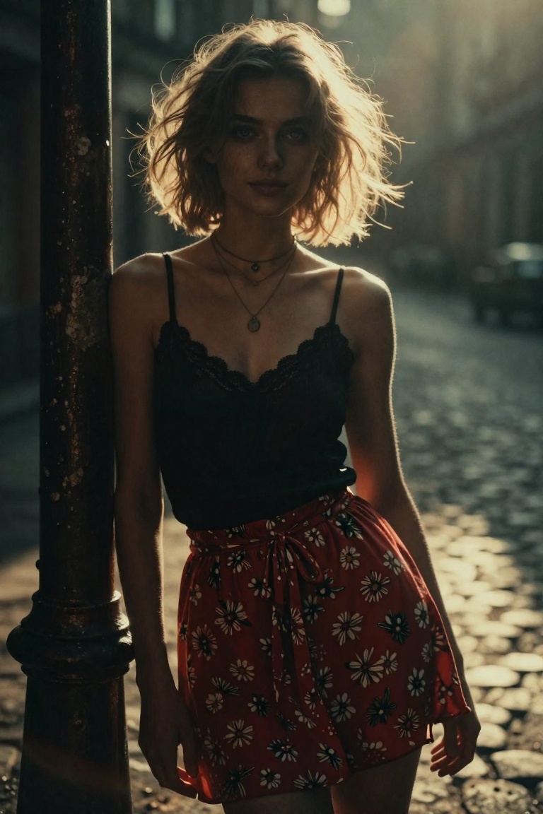 full-body portrait standing outdoors, young Russian woman early 20s, luminous porcelain skin with subtle sun-kissed warmth, short tousled ash-blonde hair glowing in backlight, sharp defined eyebrows, deep violet-gray eyes gazing softly at camera with gentle smile, wearing black lace-trimmed camisole under red floral mini skirt with tie waist, layered necklaces including choker and pendant, leaning casually against vintage lamppost on cobblestone street, warm golden hour sunlight creating halo effect around hair and casting long shadows, Canon EOS R6 Mark II, 50mm f/1.8, ultra-high-resolution, photorealistic skin texture, fabric patterns sharp, nostalgic urban vibe, subject fills frame