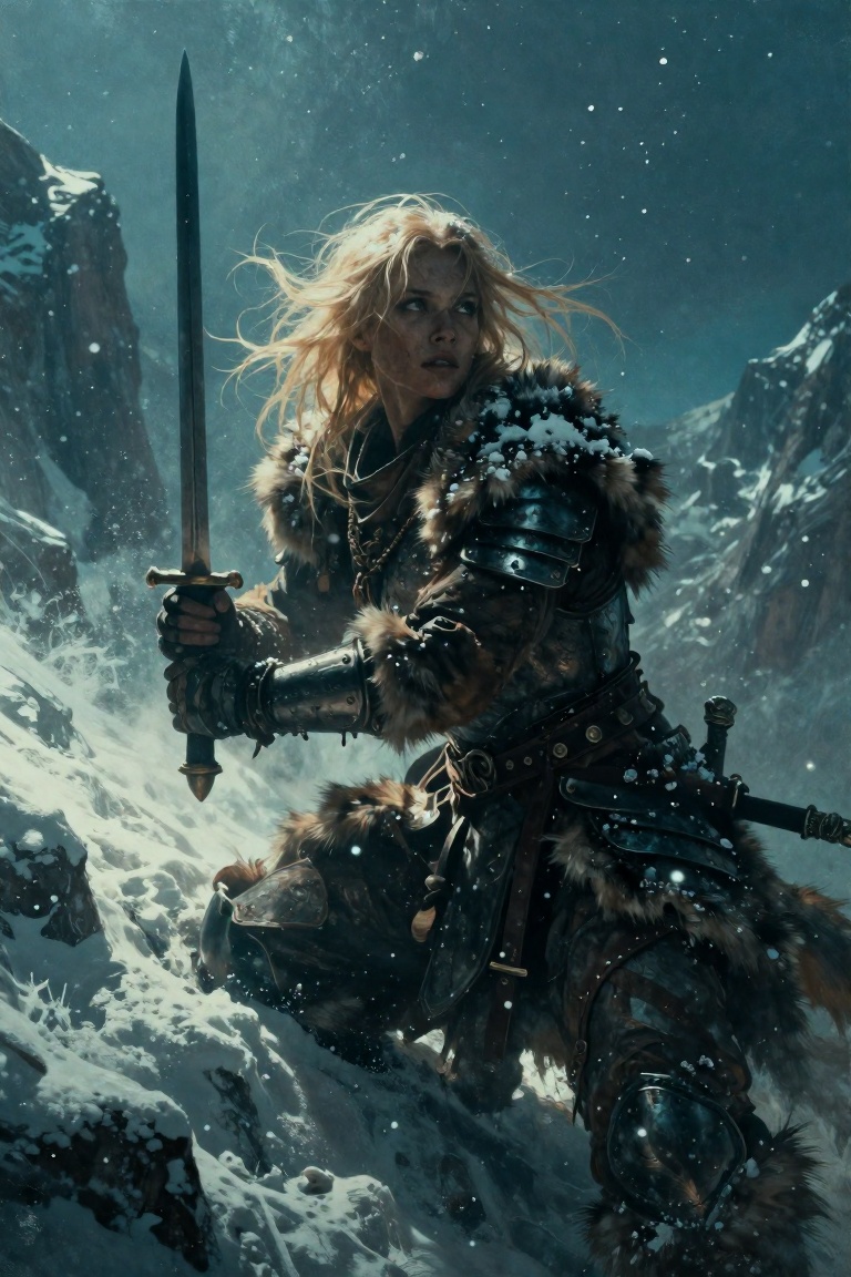 full-body action shot from below, blonde warrior woman with windblown golden hair dusted with snow, wearing heavy fur-lined steel plate armor with leather straps, kneeling or climbing steep snowy slope holding sword planted in ice, intense focused gaze upward, snowflakes falling around her, towering mountain peaks in background under clear blue sky, realistic painterly style with high contrast between cold blues and warm skin tones, detailed texture on fur and metal, subject fills frame with raw power and determination