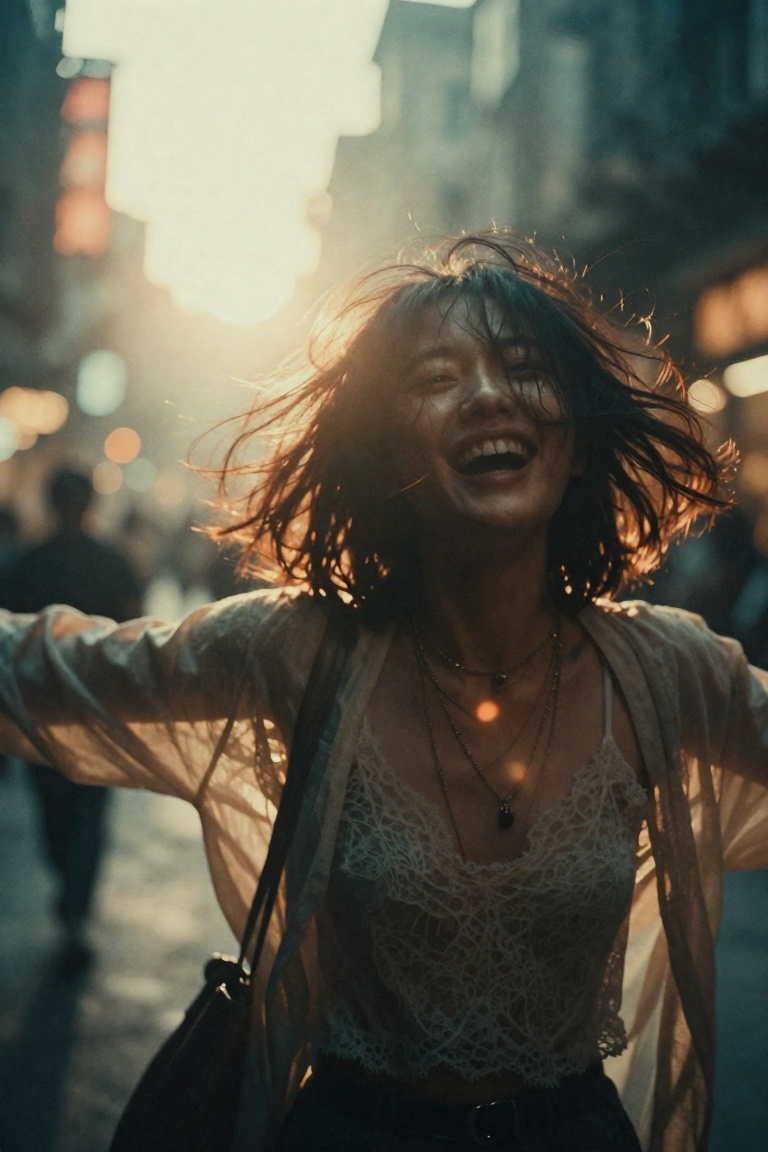 dynamic street photography selfie-style shot, young Asian woman early 20s, warm olive skin glowing in golden hour sunlight, short wavy brown hair blowing gently, laughing openly with teeth showing, wearing sheer textured cardigan over lace camisole, layered necklaces catching light, arms outstretched as if embracing the moment, bustling city street behind her filled with blurred figures and neon signs creating warm orange-yellow bokeh orbs, sun flare washing over upper frame, FUJI PRO 400H film stock emulation — pastel skies, creamy skin tones, vibrant yet muted colors, fine film grain, nostalgic joyful atmosphere, slight motion blur on edges, documentary realism meets editorial glamour