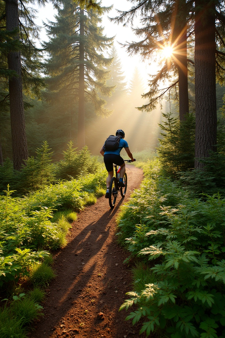 A serene,  sun-dappled forest trail winds through towering pines,  soft moss underfoot by Frazz99 on Tensor.Art