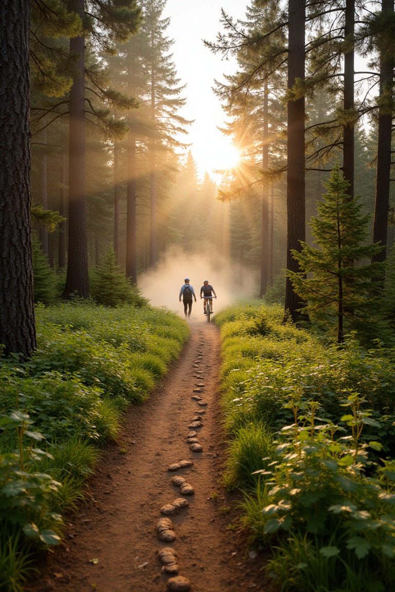 A cinematic forest scene designed as a cover image: forrest amblers in a wide,  atmospheric woodland landscape at golden h...