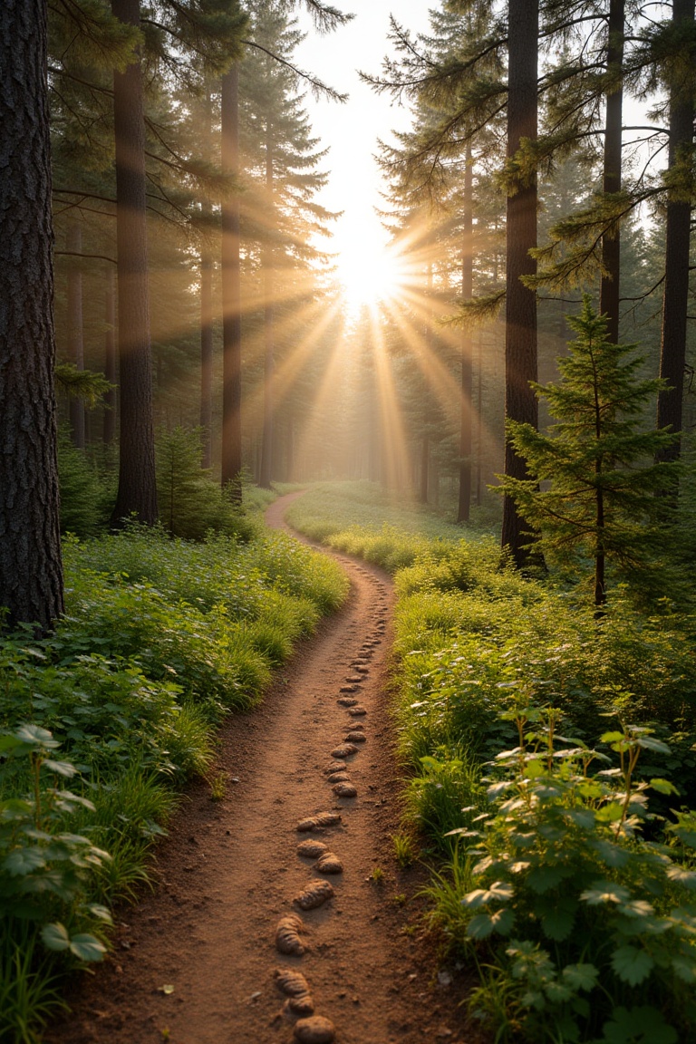 A cinematic forest scene designed as a cover image: wide,  atmospheric woodland landscape at golden hour,  soft rays of su...