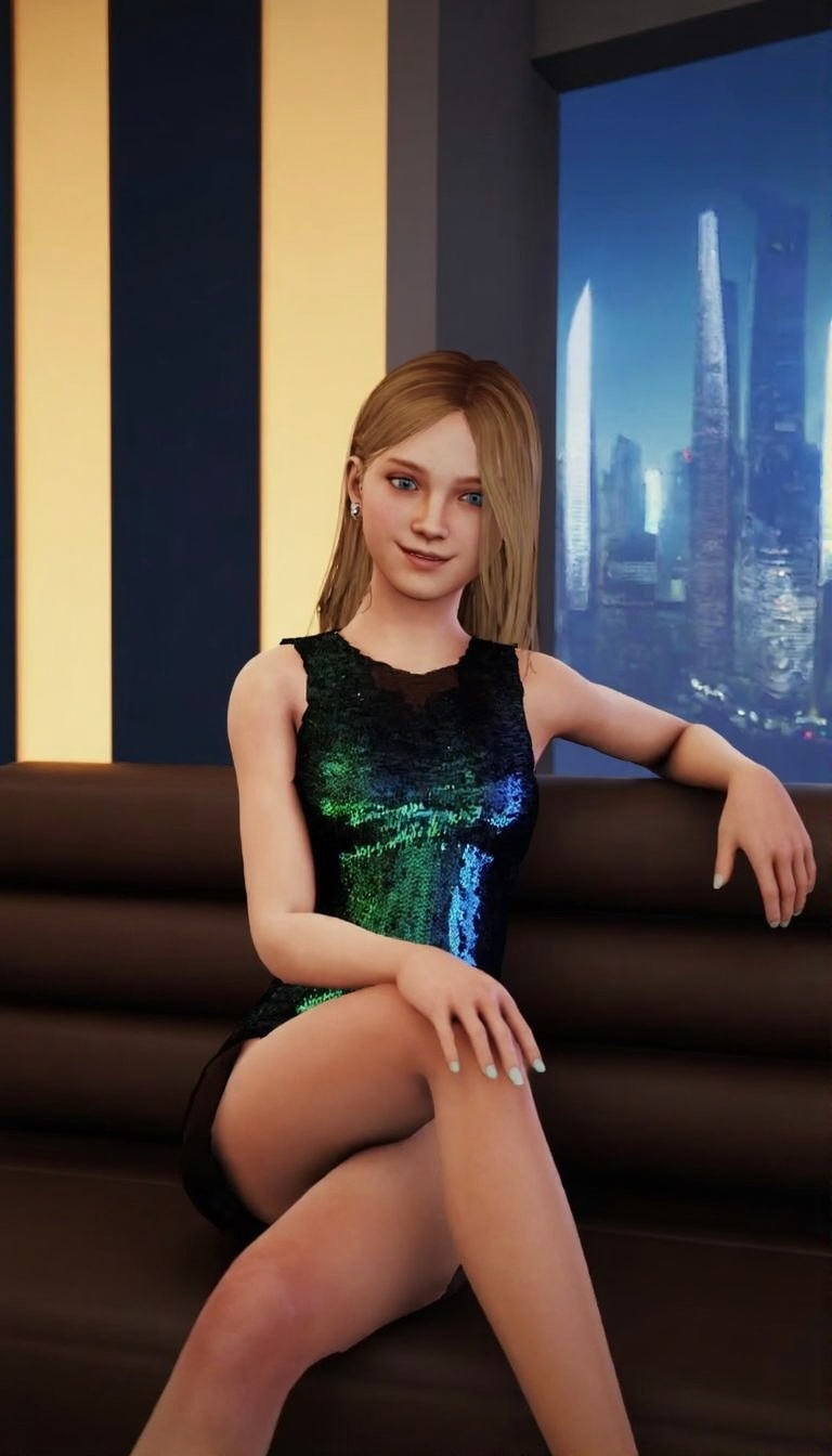 The image appears as a 3D render,  reminiscent of video game CGI graphics,  presenting a female figure indoors. the image...