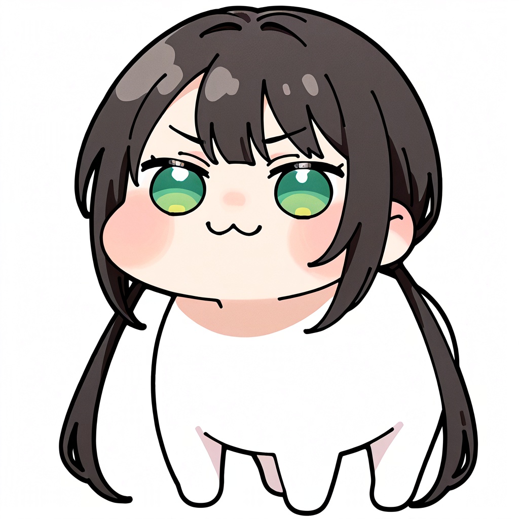 chibi,dorolike style,dorolike,dorolike mini body,:3,doro：1.2,
8k,best quality,masterpiece,ultra-detailed,
simple background,(white background:1.2),(white background:1.1),
chibi, dorolike style, dorolike, dorolike mini body,
Nishiro Chizuru,/One girl, alone, with low-hanging double ponytails, long hair, black hair (styled in low double ponytails), green eyes

