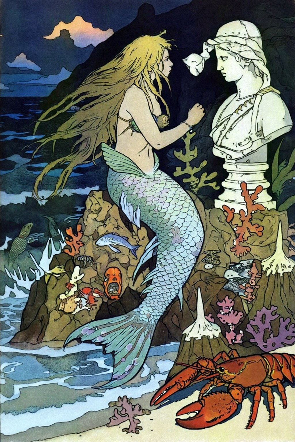 ivanbilibin4z illustration. A mermaid with long,  flowing golden hair is shown in side profile view. She sits on a rocky o...