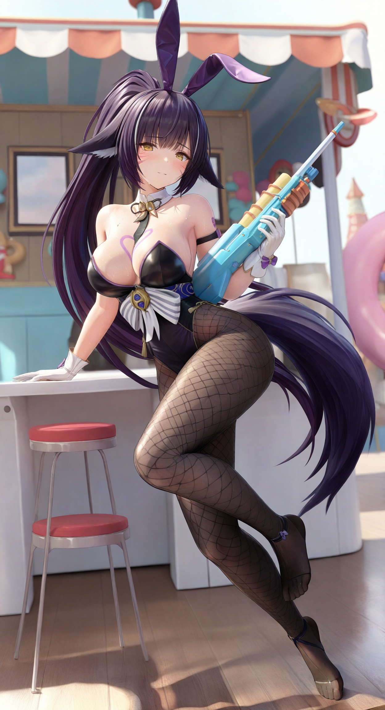 ((masterpiece)), ((best quality)), 8k, high detailed, ultra-detailed,  detailed_eyes,
himitsu_(himitsu_2),3d frontline girl style,
portrait,
1girl,solo,[musashi \(the purple rabbit's marksmanship\):0.2],purple hair,very long hair,yellow eyes, ponytail,high ponytail, facial mark,whisker markings,
animal ears, playboy bunny, fake animal ears,rabbit ears,fox tail, fox girl, tail,white gloves,bare shoulders,highleg leotard, detached collar, strapless leotard,purple leotard, strapless,heart tattoo, chest tattoo,heart,
fishnets,fishnet pantyhose,pantyhose under pantyhose, black pantyhose, toeless legwear, stirrup legwear,
holding,water gun,shooting gallery, amusement park,