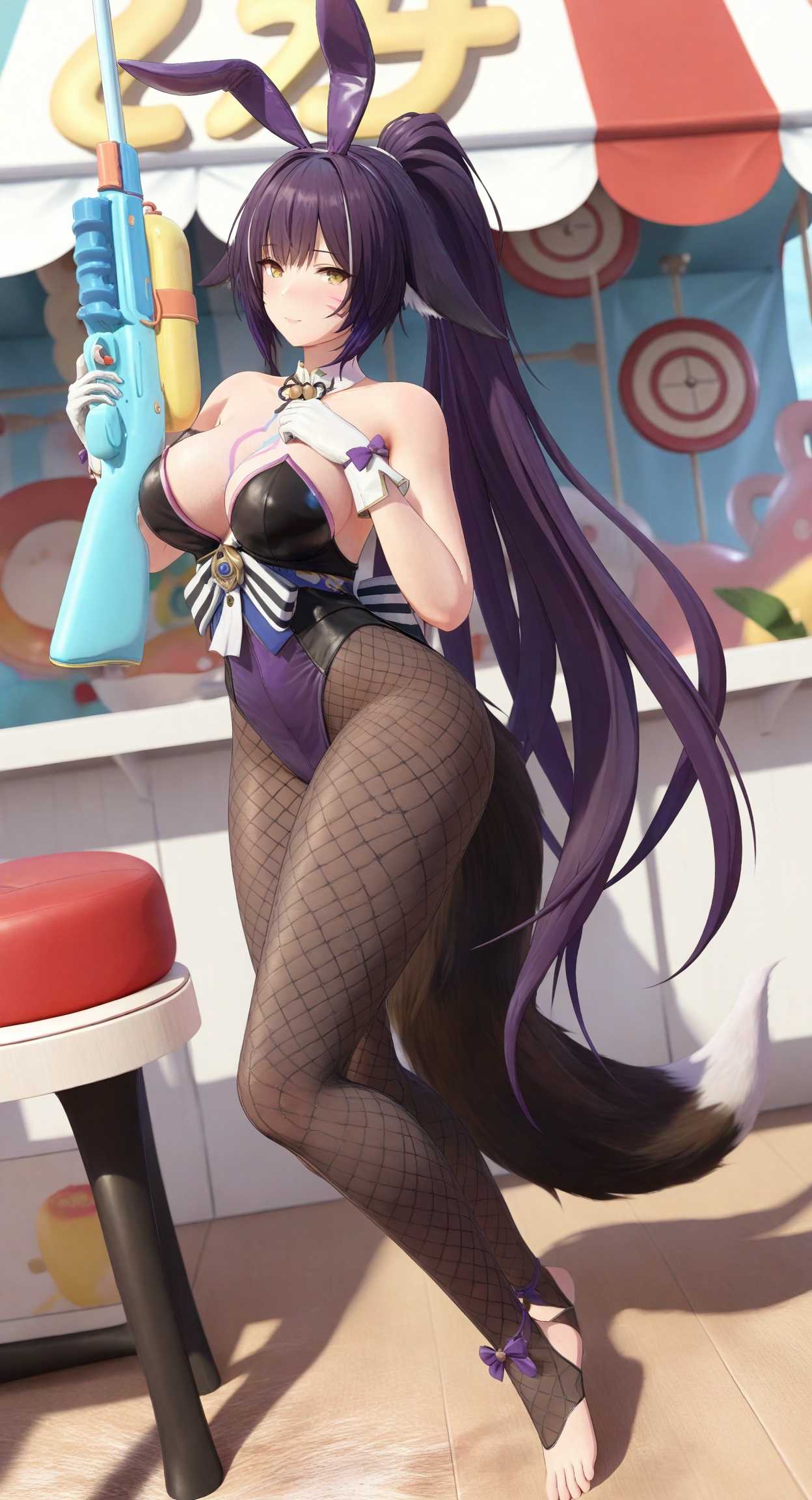 ((masterpiece)), ((best quality)), 8k, high detailed, ultra-detailed,  detailed_eyes,
himitsu_(himitsu_2),3d frontline girl style,
portrait,
1girl,solo,[musashi \(the purple rabbit's marksmanship\):0.2],purple hair,very long hair,yellow eyes, ponytail,high ponytail, facial mark,whisker markings,
animal ears, playboy bunny, fake animal ears,rabbit ears,fox tail, fox girl, tail,white gloves,bare shoulders,highleg leotard, detached collar, strapless leotard,purple leotard, strapless,heart tattoo, chest tattoo,heart,
fishnets,fishnet pantyhose,pantyhose under pantyhose, black pantyhose, toeless legwear, stirrup legwear,
holding,water gun,shooting gallery, amusement park,