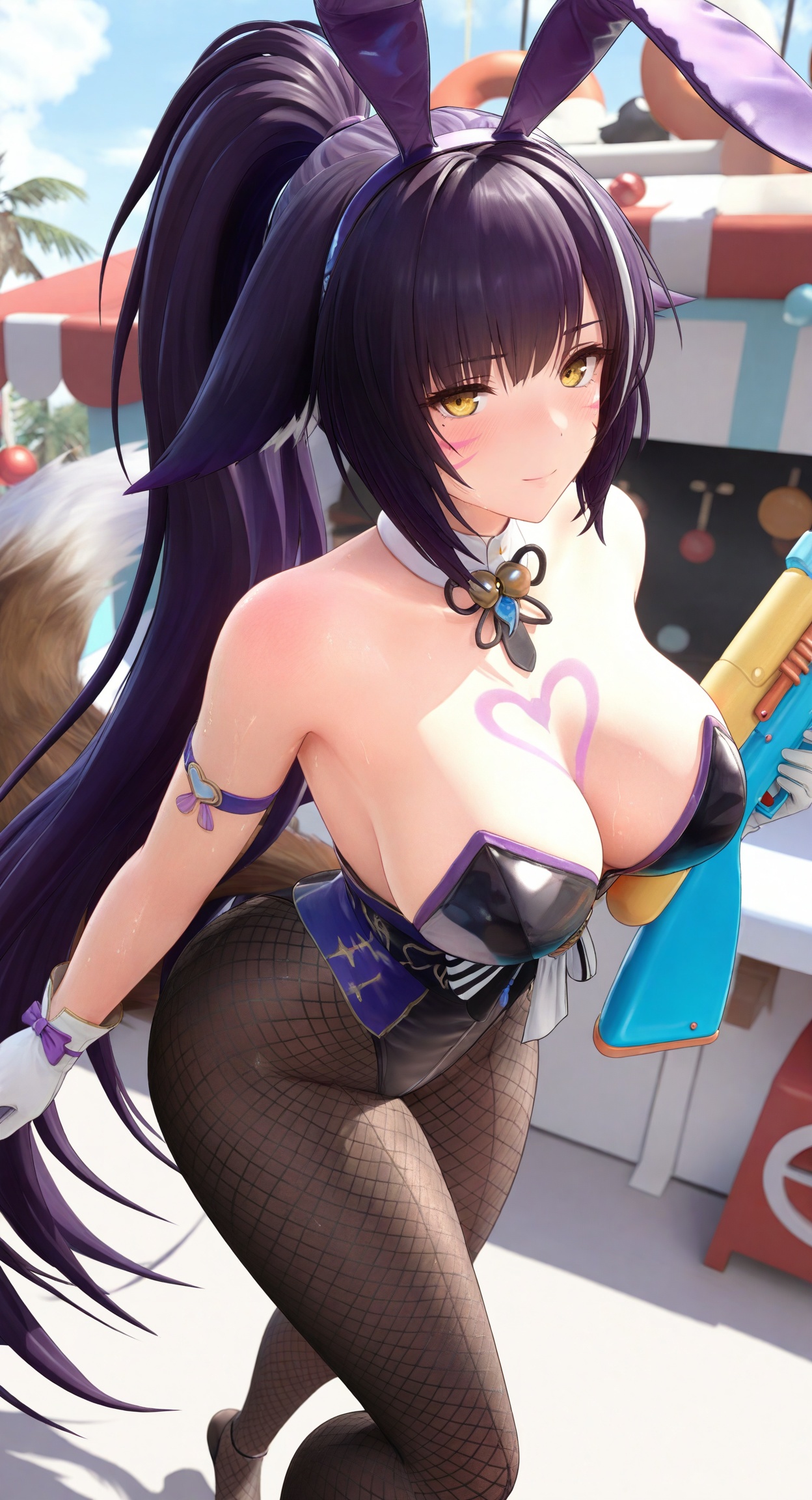 ((masterpiece)), ((best quality)), 8k, high detailed, ultra-detailed,  detailed_eyes,
himitsu_(himitsu_2),3d frontline girl style,
portrait,
1girl,solo,[musashi \(the purple rabbit's marksmanship\):0.2],purple hair,very long hair,yellow eyes, ponytail,high ponytail, facial mark,whisker markings,
animal ears, playboy bunny, fake animal ears,rabbit ears,fox tail, fox girl, tail,white gloves,bare shoulders,highleg leotard, detached collar, strapless leotard,purple leotard, strapless,heart tattoo, chest tattoo,heart,
fishnets,fishnet pantyhose,pantyhose under pantyhose, black pantyhose, toeless legwear, stirrup legwear,
holding,water gun,shooting gallery, amusement park,