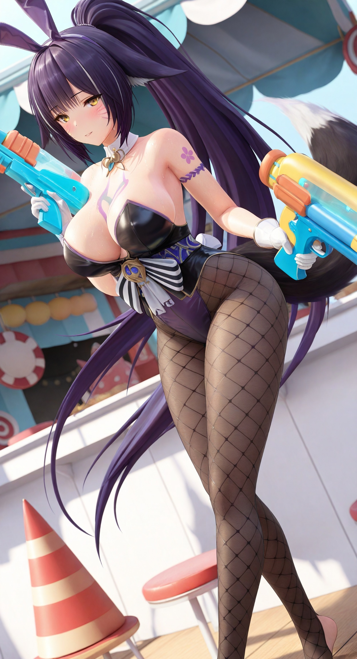 ((masterpiece)), ((best quality)), 8k, high detailed, ultra-detailed,  detailed_eyes,
himitsu_(himitsu_2),3d frontline girl style,
portrait,
1girl,solo,[musashi \(the purple rabbit's marksmanship\):0.2],purple hair,very long hair,yellow eyes, ponytail,high ponytail, facial mark,whisker markings,
animal ears, playboy bunny, fake animal ears,rabbit ears,fox tail, fox girl, tail,white gloves,bare shoulders,highleg leotard, detached collar, strapless leotard,purple leotard, strapless,heart tattoo, chest tattoo,heart,
fishnets,fishnet pantyhose,pantyhose under pantyhose, black pantyhose, toeless legwear, stirrup legwear,
holding,water gun,shooting gallery, amusement park,
