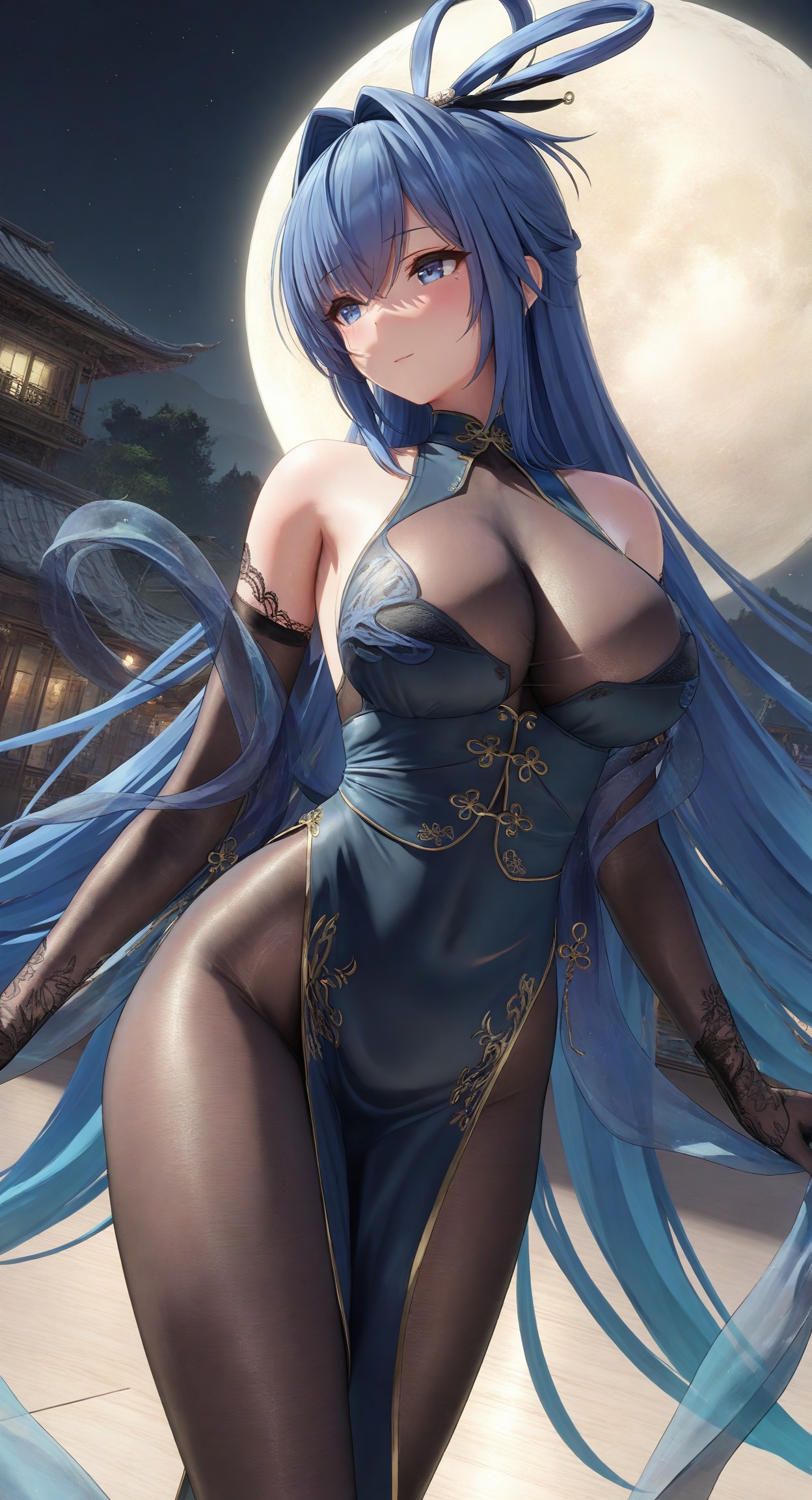 ((masterpiece)), ((best quality)), 8k, high detailed, ultra-detailed,  detailed_eyes,
himitsu_(himitsu_2),3d frontline girl style,
portrait,
1girl,solo,[new jersey \(dancing in the moonlight\) \(azur lane\):0.1],
long hair, blue eyes, blue hair, very long hair, absurdly long hair,hair rings,
bare shoulders, china dress,chinese clothes, pelvic curtain, gloves, dress, elbow gloves,
pantyhose, bodystocking,moon,full moon,