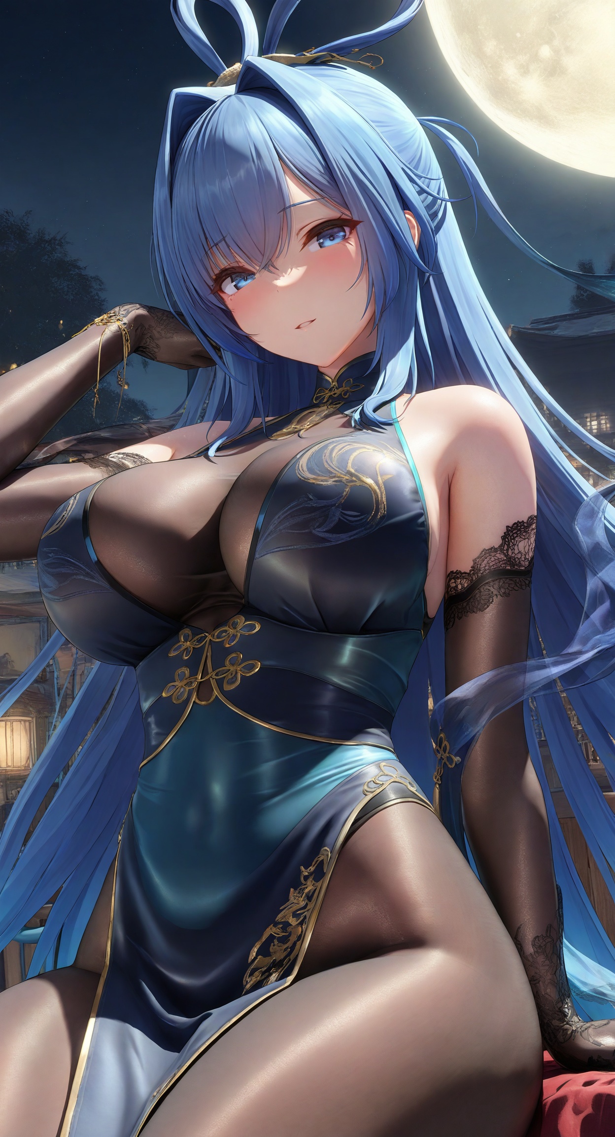 ((masterpiece)), ((best quality)), 8k, high detailed, ultra-detailed,  detailed_eyes,
himitsu_(himitsu_2),3d frontline girl style,
portrait,
1girl,solo,[new jersey \(dancing in the moonlight\) \(azur lane\):0.1],
long hair, blue eyes, blue hair, very long hair, absurdly long hair,hair rings,
bare shoulders, china dress,chinese clothes, pelvic curtain, gloves, dress, elbow gloves,
pantyhose, bodystocking,moon,full moon,
