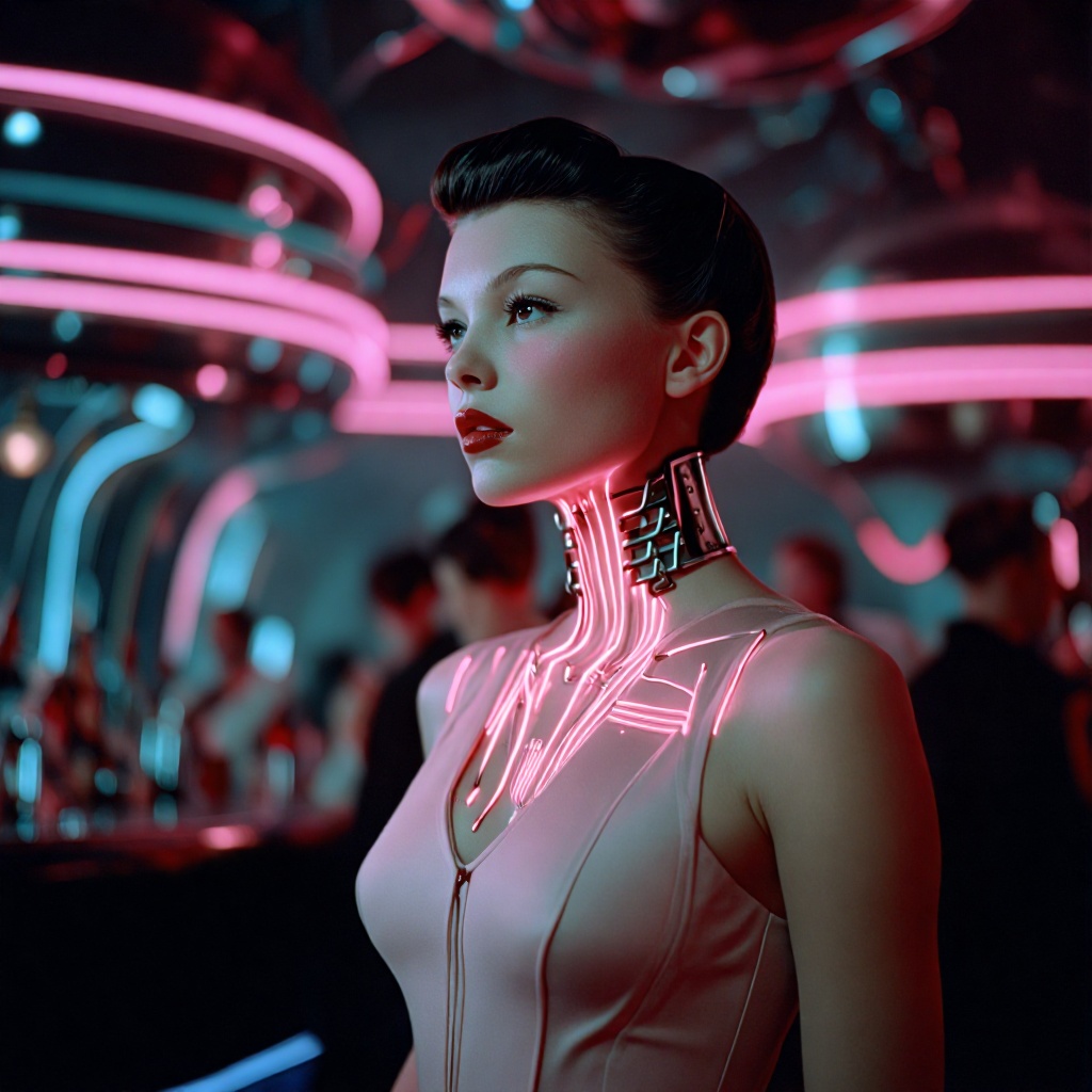 50s style,  a young female European nightclub performer standing under pink neon lights in a 1950s retrofuturistic cyberpu...