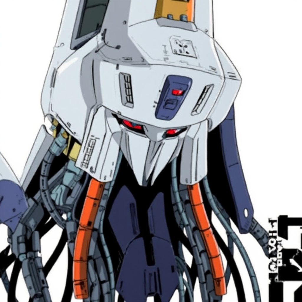 Create a close-up of the face of a lone robot,  styled in the mecha genre with sci-fi elements. The robot has red eyes and...
