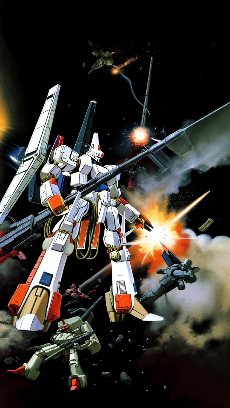 Create a detailed depiction of L-Gaim Mark 2,  a sleek and formidable mecha,  set against a backdrop of cosmic space. Surr...