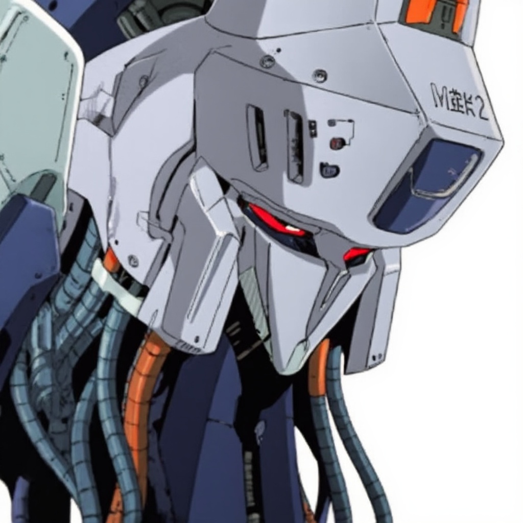 Create a close-up of the face of a lone robot,  styled in the mecha genre with sci-fi elements. The robot has red eyes and...