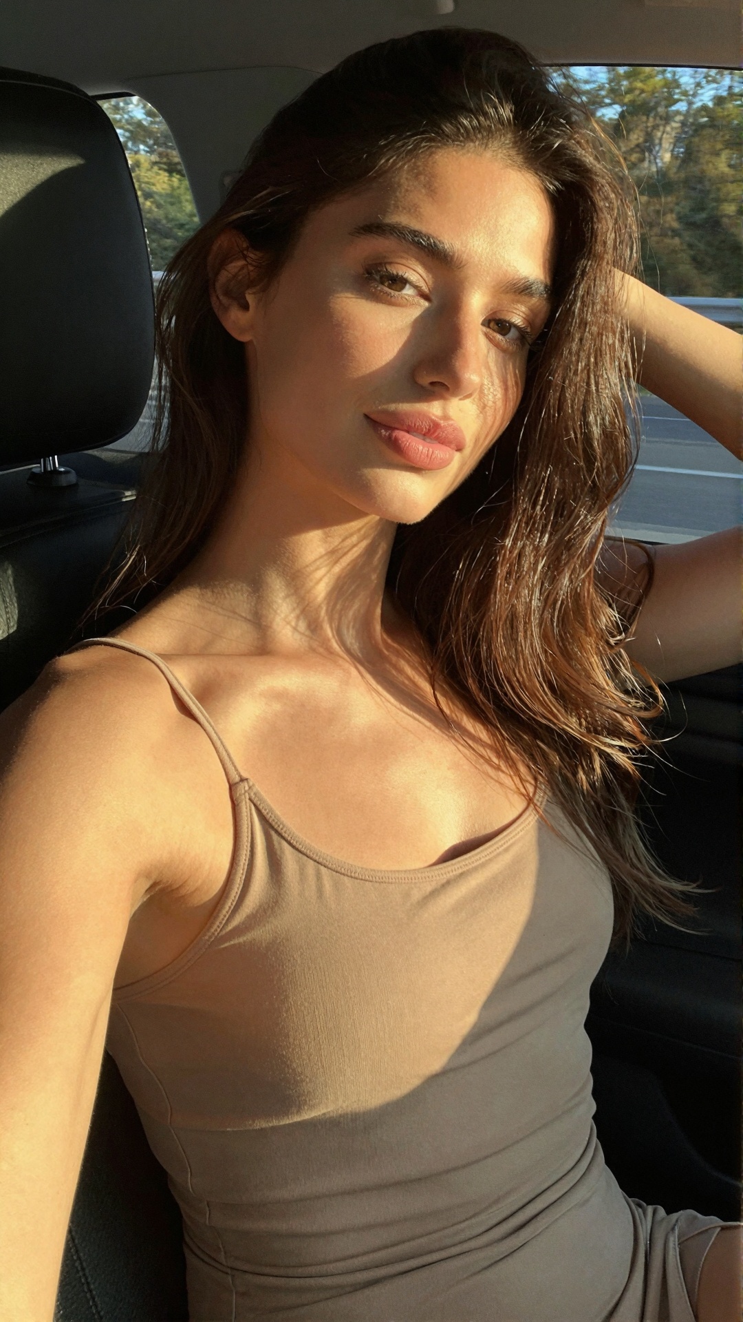 raw unfiltered look,  subtle film grain,  natural skin texture. A stunning French woman with warm fair-to-olive skin on Te...