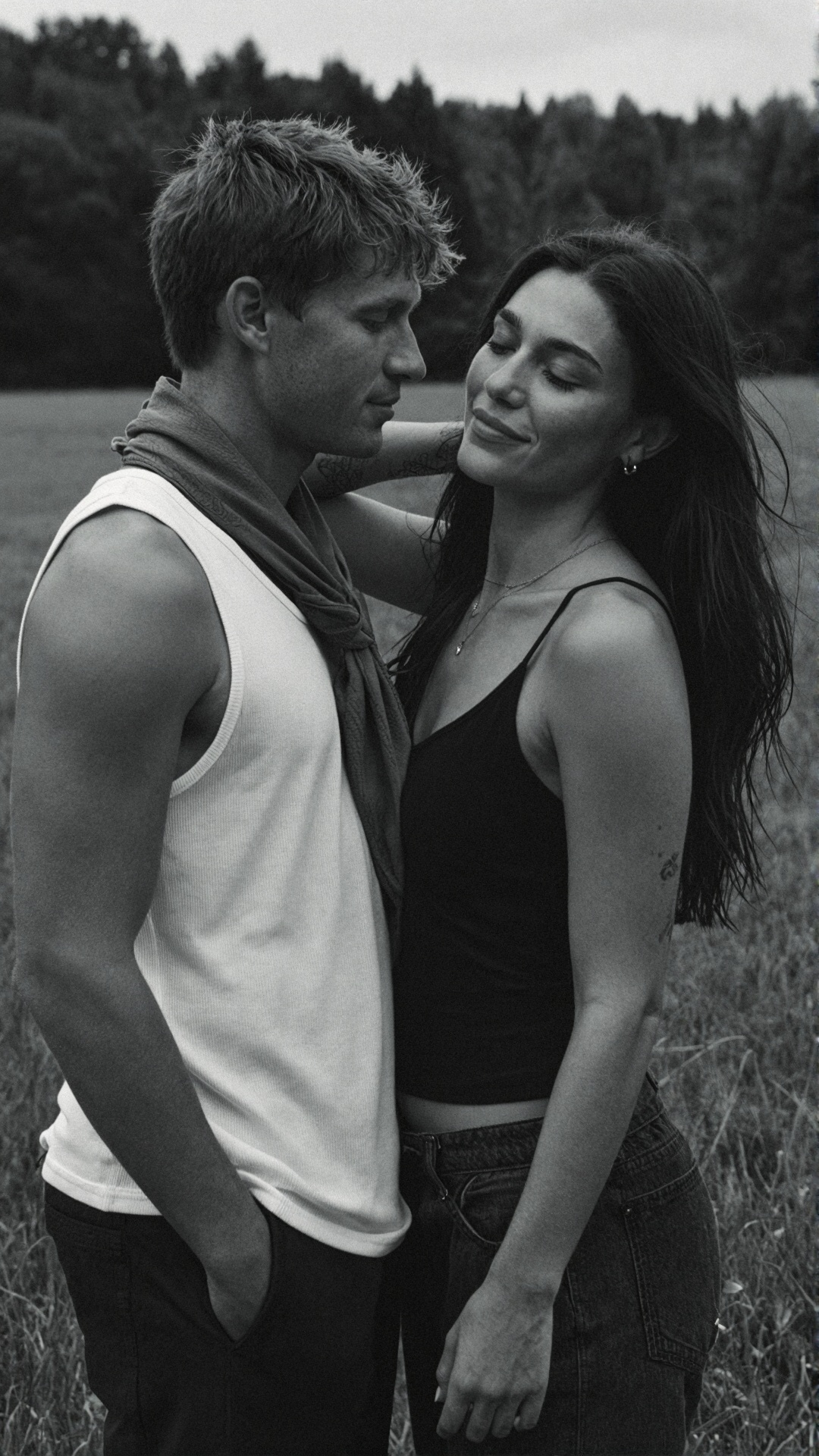 intimate couple in raw monochrome,  warm skin tones rendered in rich greyscale,  expressive eyes with soft light reflectio...