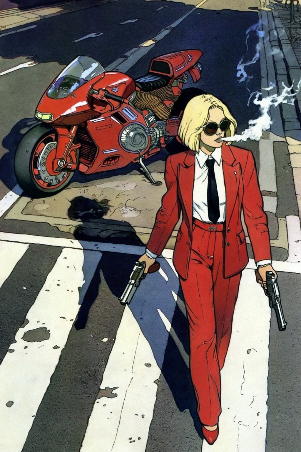 ivanbilibin5z illustration. High-angle shot of an Blonde woman walking away from a futuristic motorcycle parked at a zebra...