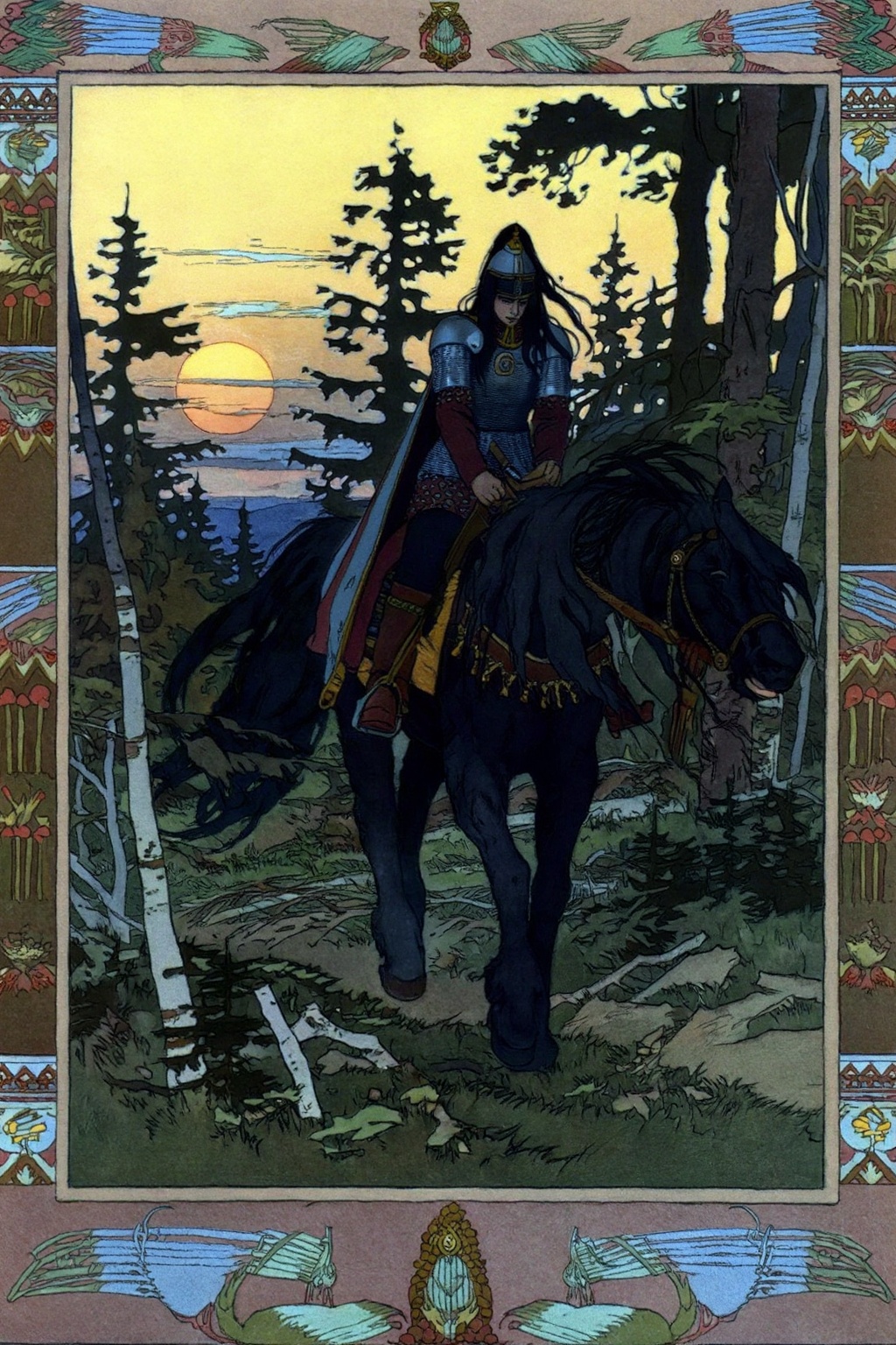 ivanbilibin5z illustration. A lone warrior rides a dark horse through a forest at sunset. The warrior wears medieval armor...