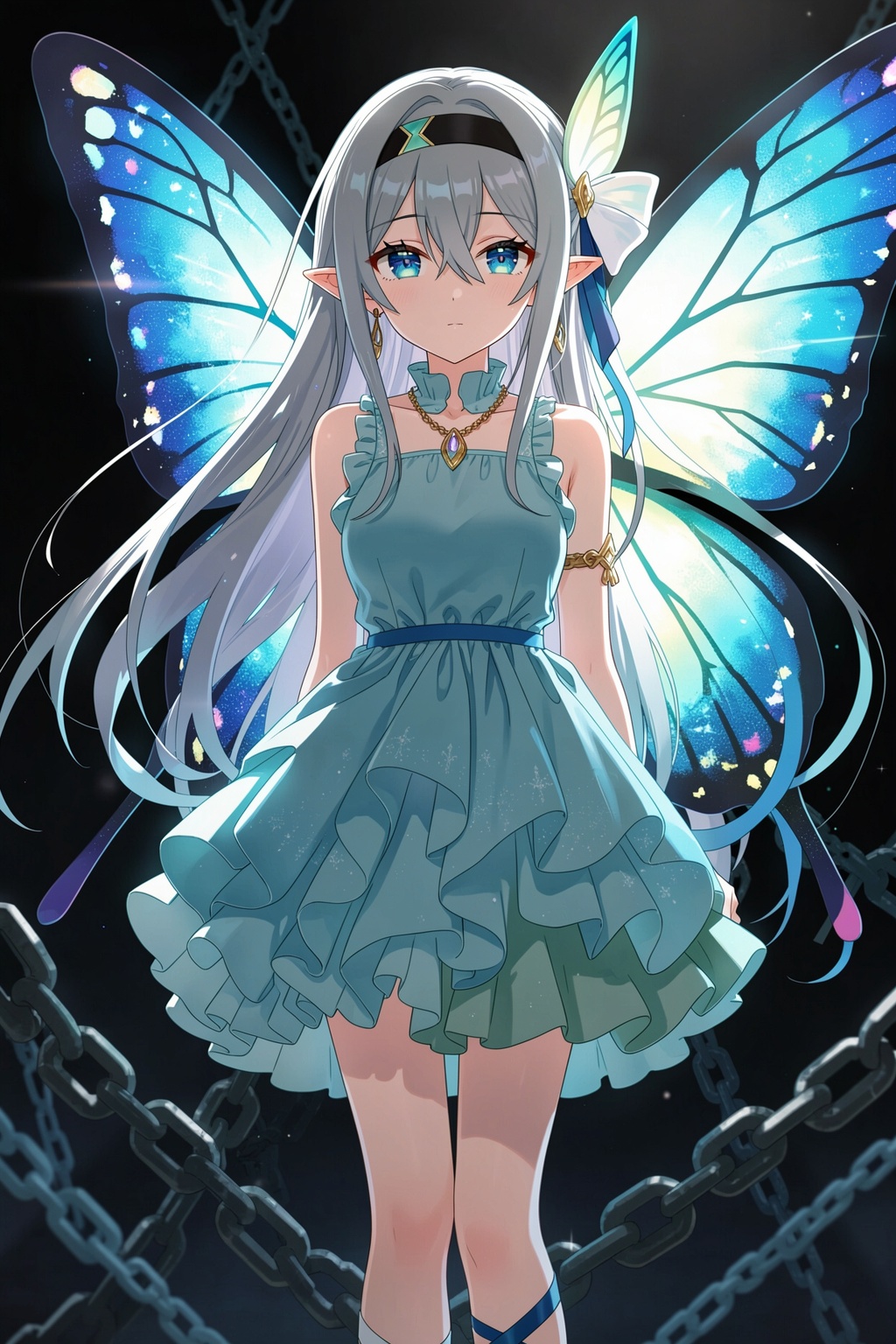 The image is an illustration of a young girl with long white hair and blue eyes. She is wearing a blue dress with a ruffled skirt and a gold necklace. The dress has a high neckline and long sleeves. The girl is standing in front of a dark background with a chain-like structure in the background. She has a large blue butterfly wings that are spread out behind her. The wings are glowing blue and have intricate patterns on them. The overall mood of the image is magical and whimsical., 1girl, butterfly wings, solo, chain, insect wings, dress, wings, long hair, gradient dress, hairband, sleeveless, ribbon, sleeveless dress, blue dress, jewelry, bare shoulders, blue eyes, looking at viewer, black hairband, armlet, pointy ears, earrings, aqua dress, white hair, hair ribbon, hair between eyes, butterfly hair ornament, closed mouth, bug, gradient hair, hair ornament, green dress, butterfly, breasts, standing, white bow, grey hair, multicolored hair, floating hair, hair intakes, feet out of frame, layered dress, blue ribbon, black background, leg ribbon, frills, multicolored dress, cowboy shot, multicolored eyes, blue wings, bow, arms at sides, frilled dress, medium breasts, glowing