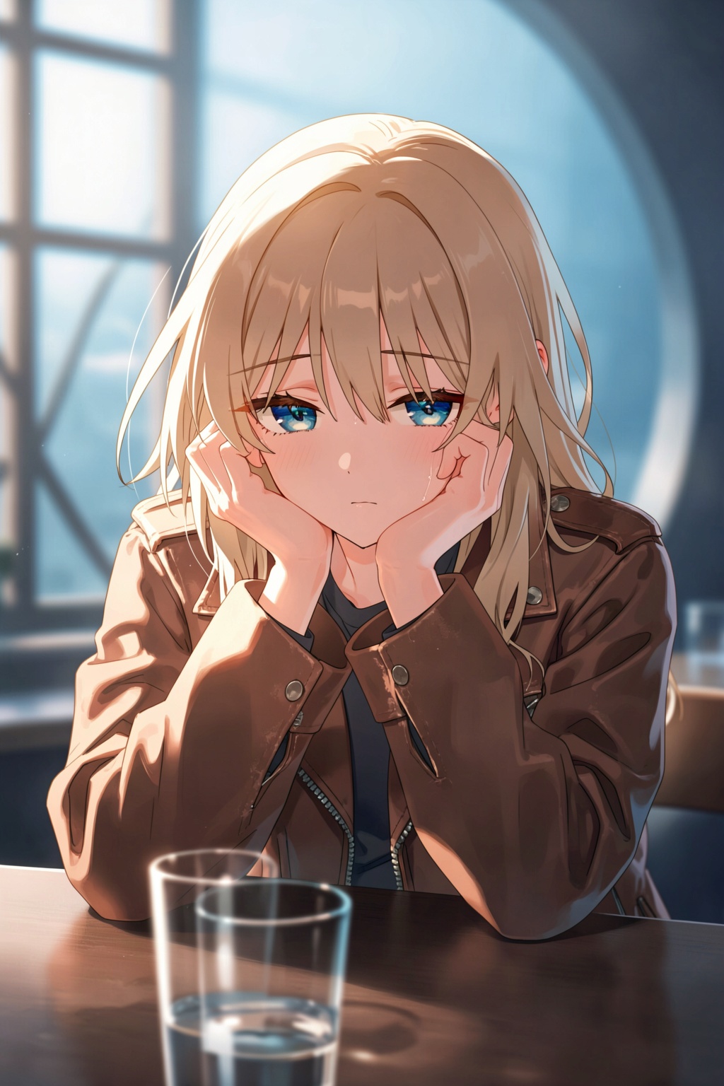 The image is an illustration of a young girl with blonde hair and blue eyes. She is sitting at a table with a glass of water in front of her. The girl is wearing a brown leather jacket and has her hands covering her face with her hands. She has a sad expression on her face and is looking off to the side. The background is blurred, but it appears to be an indoor setting with a window and a blue circular design. The overall mood of the image is somber and melancholic.