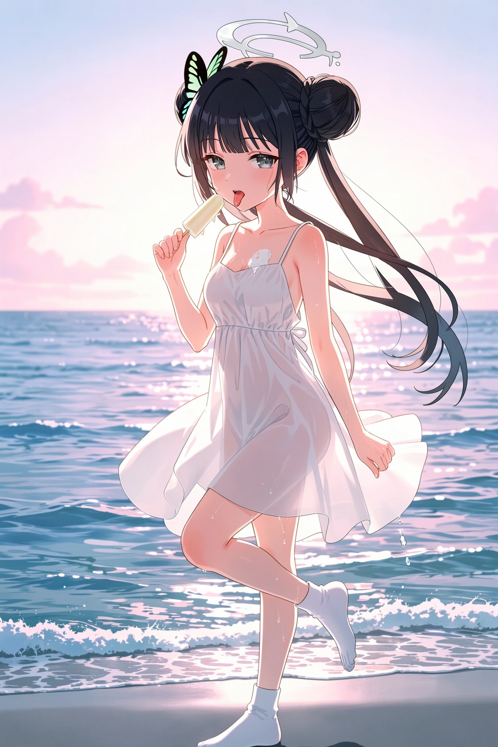 The image is an illustration of a young girl standing on a beach with the ocean in the background. She is wearing a white dress and has long black hair that is styled in a half-up, half-down ponytail. The girl is holding a white flower in her hand and is looking down at the ocean with a peaceful expression on her face. The ocean is a beautiful shade of blue with small waves crashing onto the shore. The sky is a soft pink color with a few clouds scattered across it. The overall mood of the image is serene and peaceful., 1girl, double bun, hair bun, dress, food, solo, halo, kisaki (blue archive), butterfly hair ornament, black hair, white dress, hair ornament, breasts, twintails, long hair, tongue, beach, small breasts, see-through silhouette, looking at viewer, tongue out, ocean, sleeveless dress, popsicle, braided bun, bare shoulders, holding, sundress, alternate costume, outdoors, water, sleeveless, food on body, braid, holding food, melting, white socks, socks, white halo, strap slip, holding popsicle, grey eyes, see-through dress, collarbone, backlighting, floating hair, leg up, blush, see-through, standing, ice cream, open mouth, blue eyes, standing on one leg, wind lift, foot out of frame, ass, spaghetti strap
