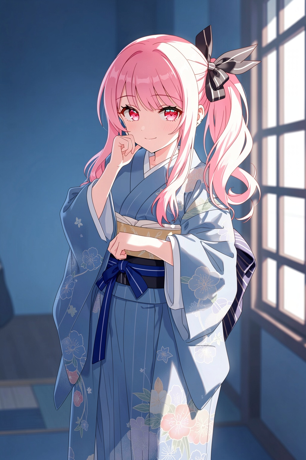 The image is an illustration of a young girl with long pink hair and red eyes. She is standing in front of a blue background with a window on the right side. The girl is wearing a blue dress with a white collar and a black bow on her head. She has a thoughtful expression on her face and her hand is resting on her chin, as if she is deep in thought. The overall mood of the image is calm and contemplative., 1other, akiyama mizuki, pink hair, japanese clothes, kimono, blue kimono, pink eyes, looking at viewer, long hair, side ponytail, androgynous, solo, ribbon, smile, hair ribbon, sandals, yukata, closed mouth, side drill, jewelry, obi, sash, sidelocks, earrings, wide sleeves, long sleeves, blue ribbon, indoors, floral print