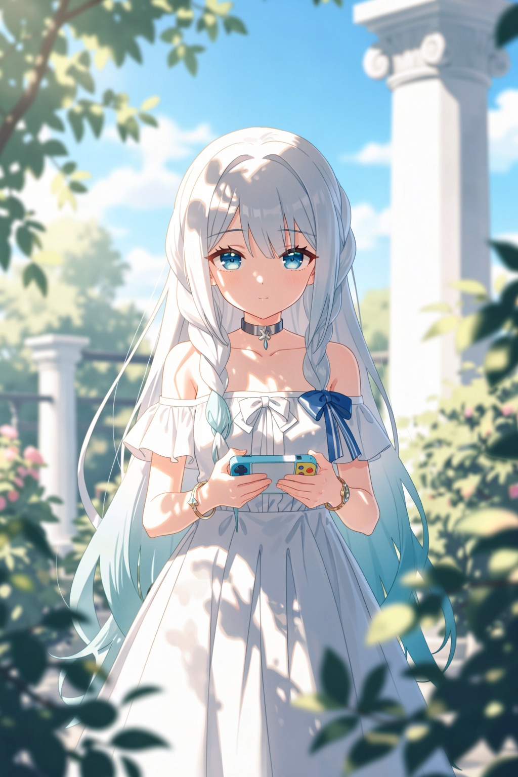 The image is an illustration of a young girl with long white hair and blue eyes. She is standing in a garden with trees and bushes surrounding her. The girl is wearing a white dress with a blue ribbon tied around her neck. She has a bow in her hair and is holding a tablet in her hands. The background shows a blue sky with white clouds and a white column. The overall mood of the image is peaceful and serene., 1girl, braid, solo, outdoors, dress, holding, looking at viewer, blue eyes, pillar, day, white dress, long hair, closed mouth, blurry, blue hair, off-shoulder dress, bracelet, blurry foreground, standing, gradient hair, sky, blue sky, multicolored hair, column, bare shoulders, cowboy shot, single braid, jewelry, off shoulder, depth of field, bow, white hair, plant, braided bangs, sidelocks, strapless, sunlight, cloud, strapless dress, collarbone, handheld game console, bush, choker, frills, ribbon, nintendo switch, small breasts, blurry background