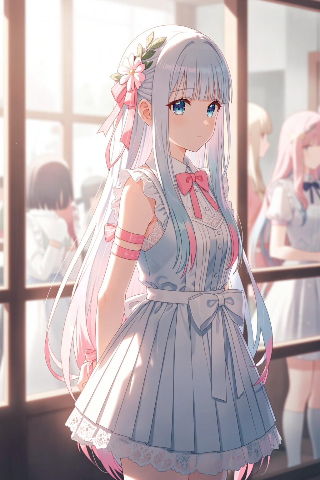 The image is an illustration of a young girl with long white hair and blue eyes. She is standing in front of a window with a view of other people in the background. The girl is wearing a blue dress with a pink bow on the waist and a white apron. She has a flower crown on her head and is looking off to the side with a serious expression on her face. The background is blurred, but it appears to be an indoor setting with other people visible through the window. The overall mood of the image is peaceful and serene., long hair, looking at viewer, blue eyes, dress, white hair, ribbon, white dress, arms behind back, hair ornament, pink ribbon, multicolored hair, blurry foreground, 1girl, bow, sleeveless, pleated dress, blurry, blunt bangs, pink bow, bowtie, pink bowtie, pink hair, cowboy shot, closed mouth, standing, frills, solo, sleeveless dress, arm ribbon, solo focus, lace trim, very long hair, depth of field, multiple girls, neck ribbon, collared dress, sidelocks, pleated skirt, shirt, from side