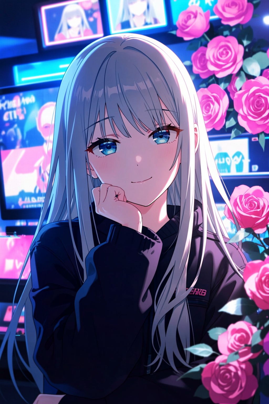 The image is an illustration of a young girl with long white hair and blue eyes. She is standing in front of a background of pink flowers and blue neon lights. The girl is wearing a black jacket and has a serious expression on her face. Her hand is resting on her chin, as if she is deep in thought. The overall mood of the image is peaceful and serene., yoisaki kanade, 1girl, solo, flower, blue eyes, long hair, pink flower, long sleeves, monitor, jacket, rose, upper body, smile, white hair, parted lips, glitch, looking at viewer, screen, blurry, hand up, pink rose, grey hair, black jacket