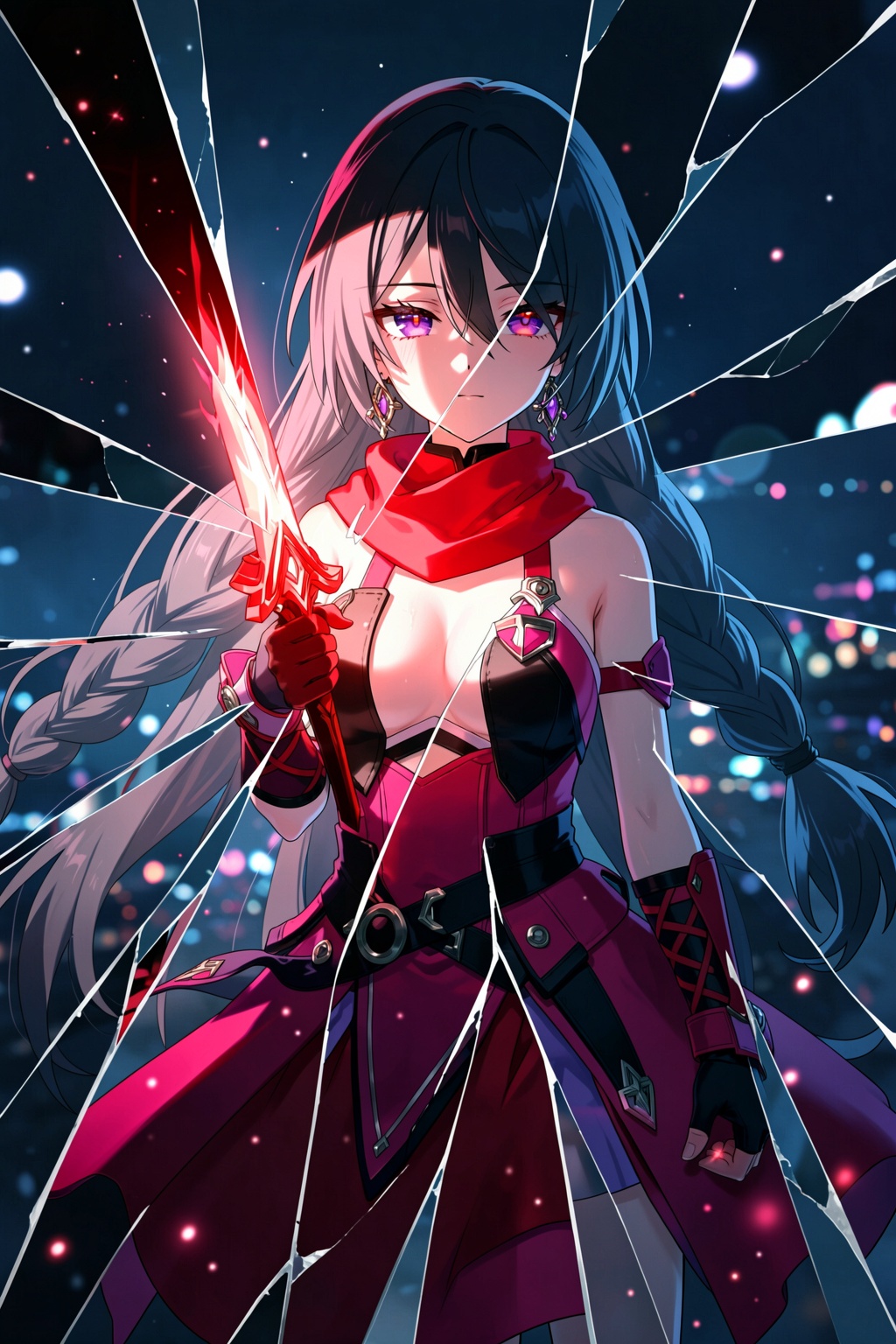 The image is an illustration of a young girl with long black hair and red eyes. She is wearing a pink and black outfit with a red scarf around her neck. The girl is holding a red sword in her right hand and is standing in front of a shattered glass window. The background is dark blue with small white dots scattered throughout. The overall mood of the image is dramatic and dramatic., 1girl, long hair, weapon, bare shoulders, looking at viewer, solo, holding weapon, sword, dress, jewelry, earrings, glass, braid, holding sword, holding, gloves, grey hair, red dress, night, glowing weapon, city lights, glowing, glowing sword, very long hair, white hair, shards, kiana kaslana, fu hua, reflection, purple eyes, twin braids, broken glass, breasts, elbow gloves, hair between eyes