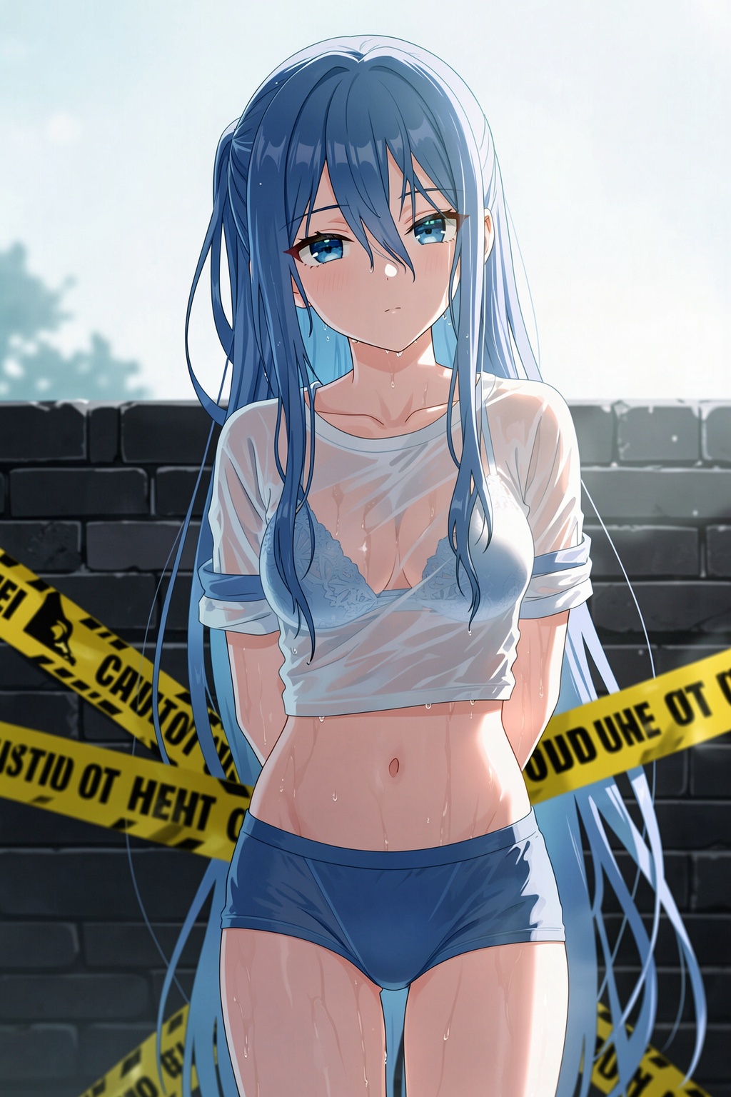 The image is an illustration of a young girl with long blue hair. She is standing in front of a black brick wall with yellow caution tape around her waist. The girl is wearing a white crop top and blue shorts, and her hair is tied up in a ponytail. She has a serious expression on her face and is looking off to the side. The background is a pale blue sky with a few clouds. The overall mood of the image is dark and ominous., 1girl, keep out, caution tape, long hair, solo, yoisaki kanade, breasts, navel, blue eyes, underwear, wet, wet clothes, looking at viewer, panties, very long hair, hair between eyes, shirt, underboob, wet shirt, blue panties, bound, see-through, blue hair, medium breasts, arms behind back, collarbone, stomach, bra, short sleeves, closed mouth, white background, wet hair, blurry, small breasts, blue bra, bound arms, white shirt, see-through shirt
