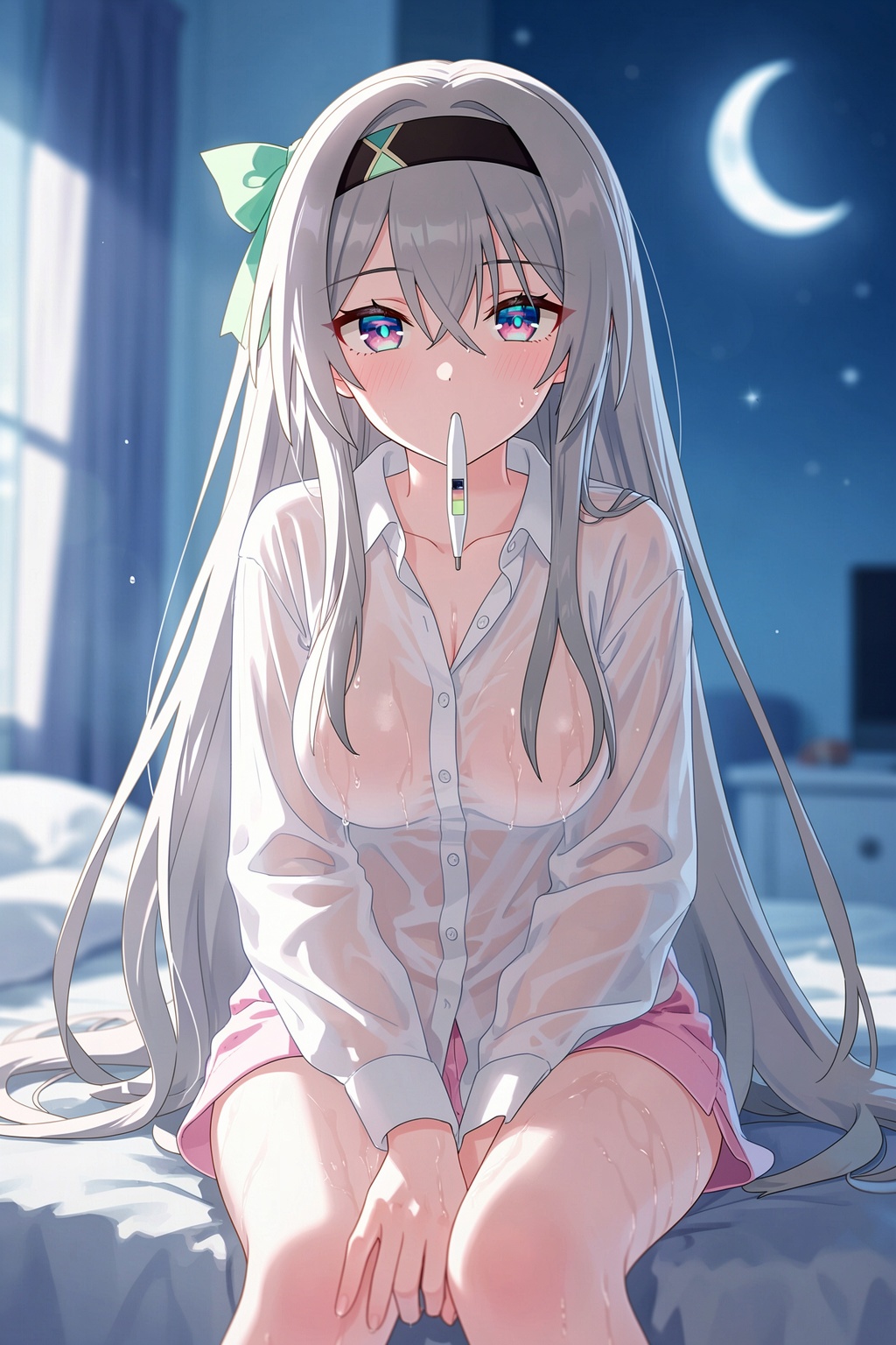 The image is an illustration of a young girl with long white hair and blue eyes. She is sitting on a bed with her legs crossed and her hands resting on her knees. The girl is wearing a white blouse and pink shorts. She has a green bow on her head and is looking off to the side with a serious expression on her face. The background is a blue night sky with stars and a crescent moon. The overall mood of the image is peaceful and serene., 1girl, long hair, breasts, shirt, solo, sitting, looking at viewer, partially unbuttoned, white shirt, hairband, indoors, black hairband, blush, long sleeves, grey hair, wariza, collared shirt, blurry, hair between eyes, dress shirt, large breasts, naked shirt, see-through, between legs, on bed, medium breasts, thermometer, white hair, multicolored eyes, hand between legs, wet, wet shirt, blue eyes, wet clothes, mouth hold, pink eyes, no bra, very long hair, curtains, bare legs