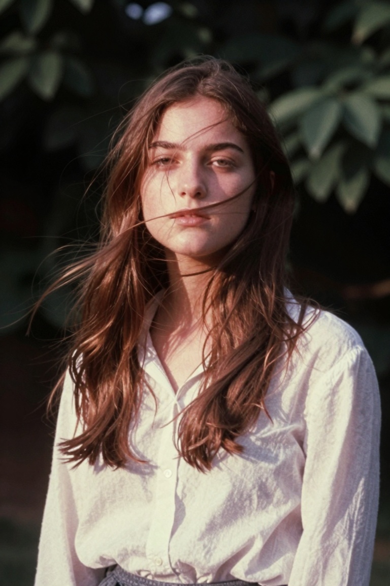 A candid,  atmospheric medium shot outdoor portrait of a young woman with long,  flowing hair blowing across her face. She...