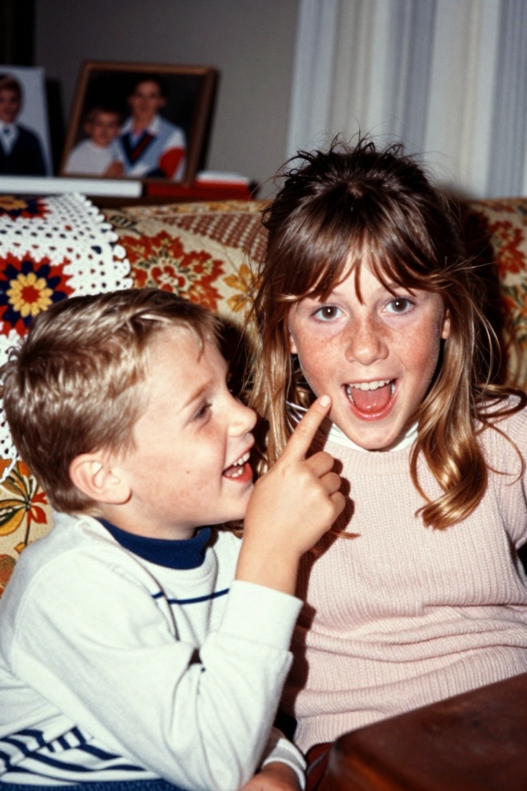 A close-up photo from the 1970s capturing a candid and playful moment between siblings in a cozy family living room. A you...