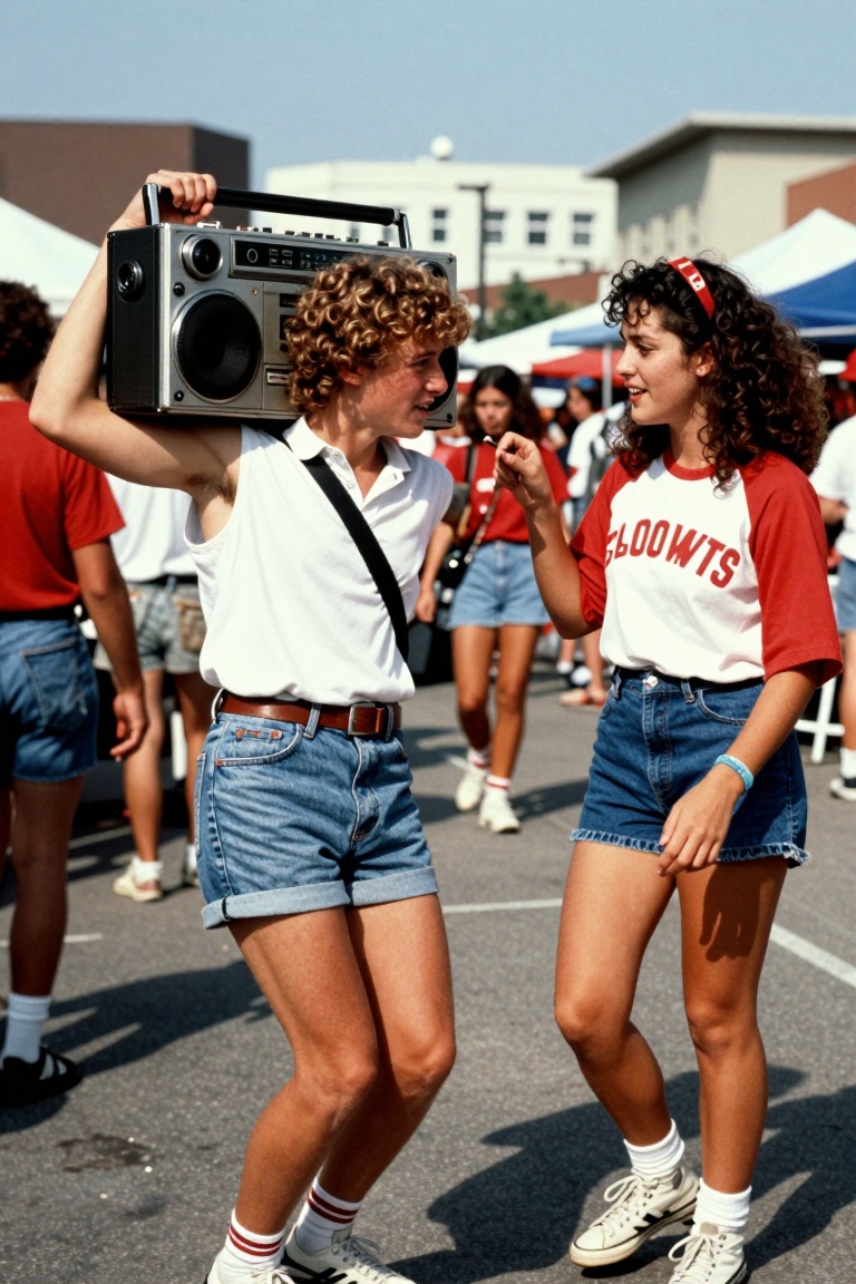 A candid,  dynamic full-shot of a young man carrying a large vintage boombox,  interacting with a young woman wearing a ba...