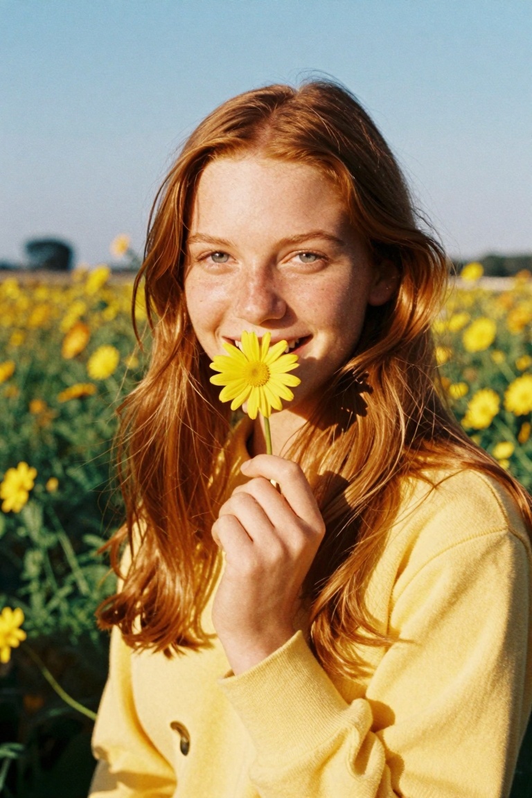 A candid,  sunlit medium close-up portrait of a young woman with long,  reddish-brown hair on Tensor.Art