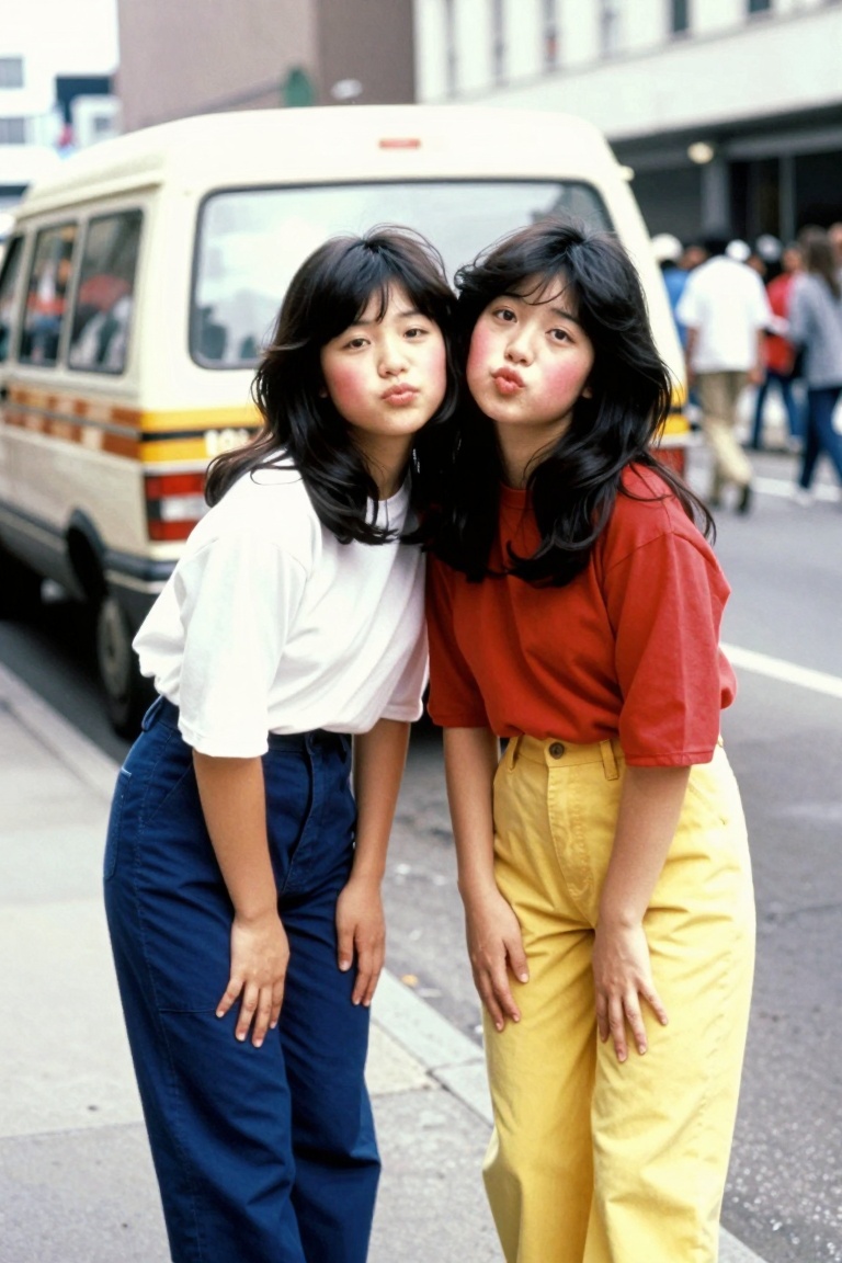 A nostalgic photo from the 1970s capturing two young Asian women posing cutely on a busy city street. They’re wearing over...