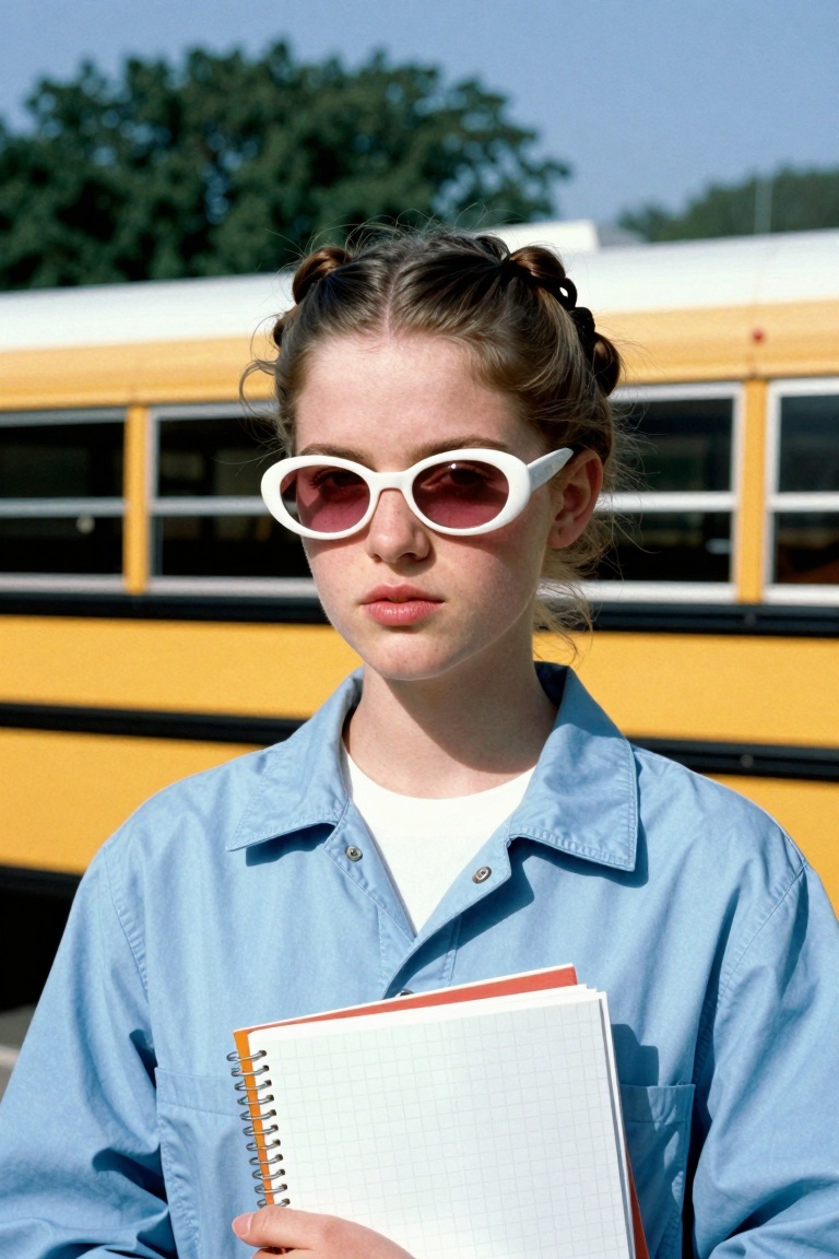 A cinematic,  medium close-up portrait of a young woman with a distinct 1990s hairstyle (half-updo with braided bands),  w...