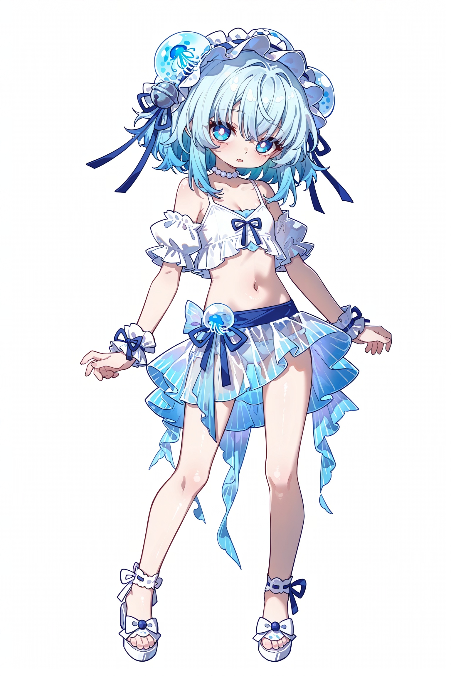 alternate breast size (smaller)：1.5,,cujiujiu:1.3,aged down：1.4,
Solo, whole body, mature_monster_girl, monster_headdress, monster_clothes,

White background, monochrome theme, outline: 1.2

Cujiujiu,//

Line art, masterpiece, the best quality, extremely exquisite and beautiful,

Huge file size, amazing quality,multicolored hair,,(imazawa:1.1),(maccha_(mochancc):0.3),(ningen_mame:0.8),(mochizuki_kei:0.75),
／／
1 girl, breasts, cleavage, 

1girl, solo, ice blue jellyfish-like hair, transparent wavy hair, bioluminescent hair tips, light amber jellyfish eyes, glowing pupils, innocent expression, soft gaze, slightly open mouth, pale translucent skin, bioluminescent blue blush, jellyfish humanoid, full body jellyfish transformation, jellyfish tentacle limbs, transparent tentacles with bioluminescent blue stripes, floating tentacles, jellyfish bell-shaped skirt, sheer bioluminescent blue overlay, white camisole, light blue lace trim, ice blue cropped blouse, puff sleeves, white bow, white pearl choker, light blue ribbon wristbands, standing pose, floating posture, ethereal movement, solid white background, no other background elements, bioluminescent glow, transparent texture, delicate line art, soft shading, no watermark, no text, marine fantasy, pure and ethereal aesthetic,alternate breast size (smaller),,transparent background, full body,cujiujiu,,aged down,,loli,small breasts,petite