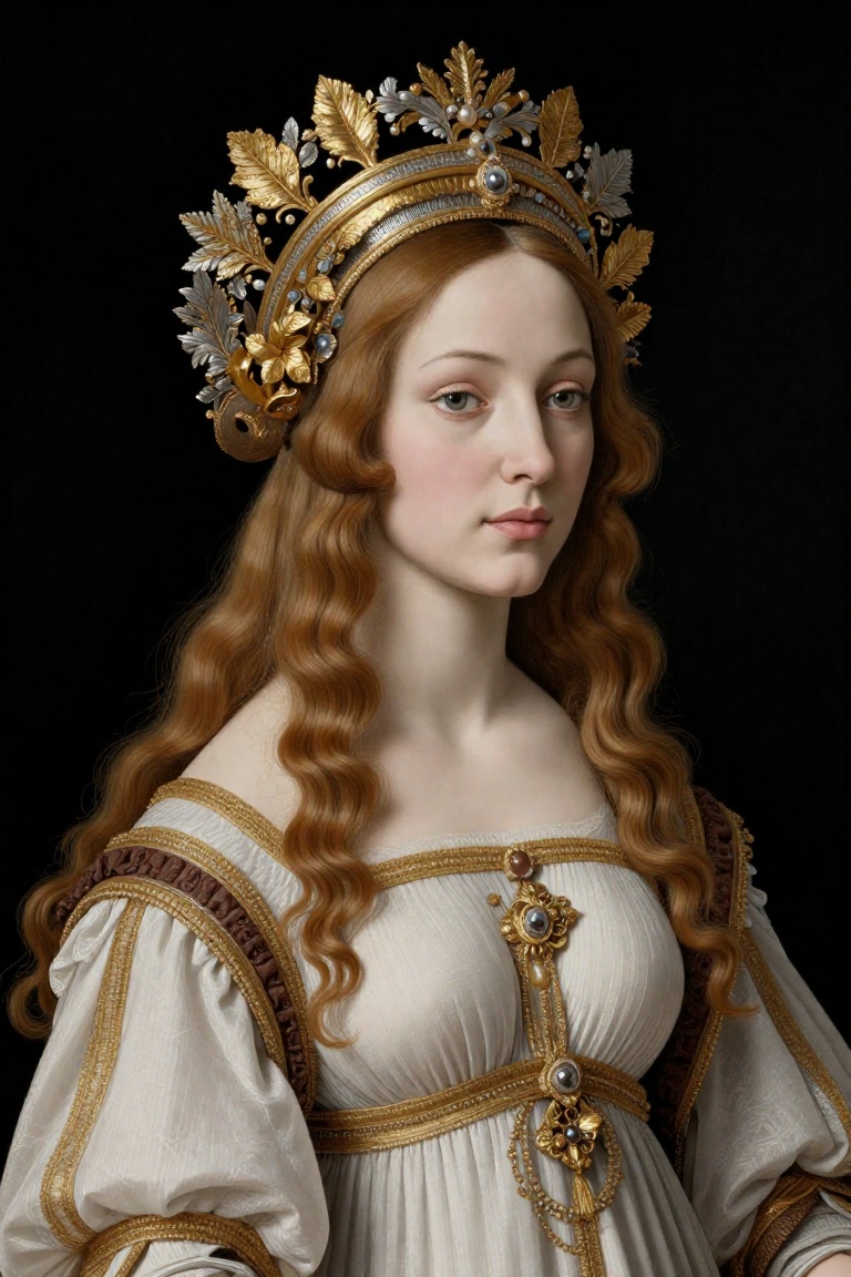 The image depicts a highly detailed and ornate portrait of a woman. She has long,  wavy,  light brown hair that cascades o...