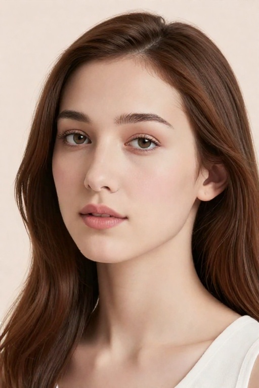 Create a headshot of a Auburn hsired woman with a natural,  serene expression. Capture her in a soft,  pastel lighting env...