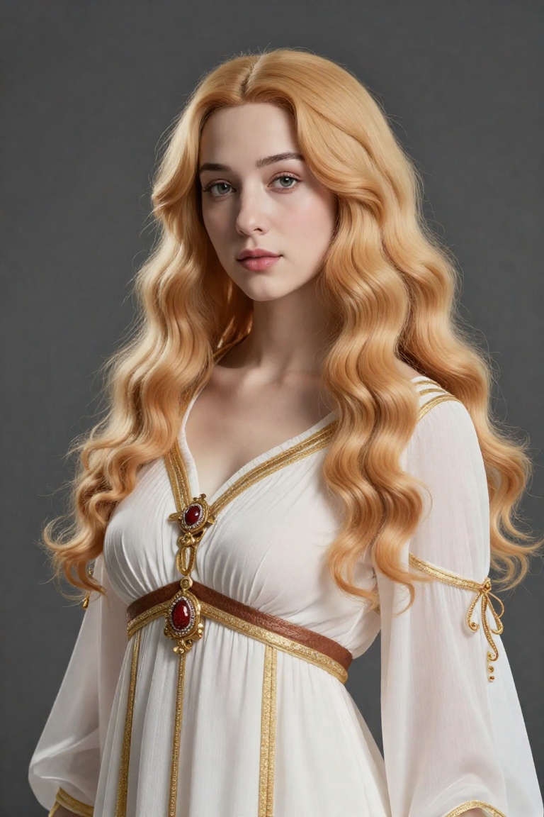 The Hyperrealistic image depicts a Studio photograph of a woman. She has long,  wavy,  Strawberry blonde hair that cascade...